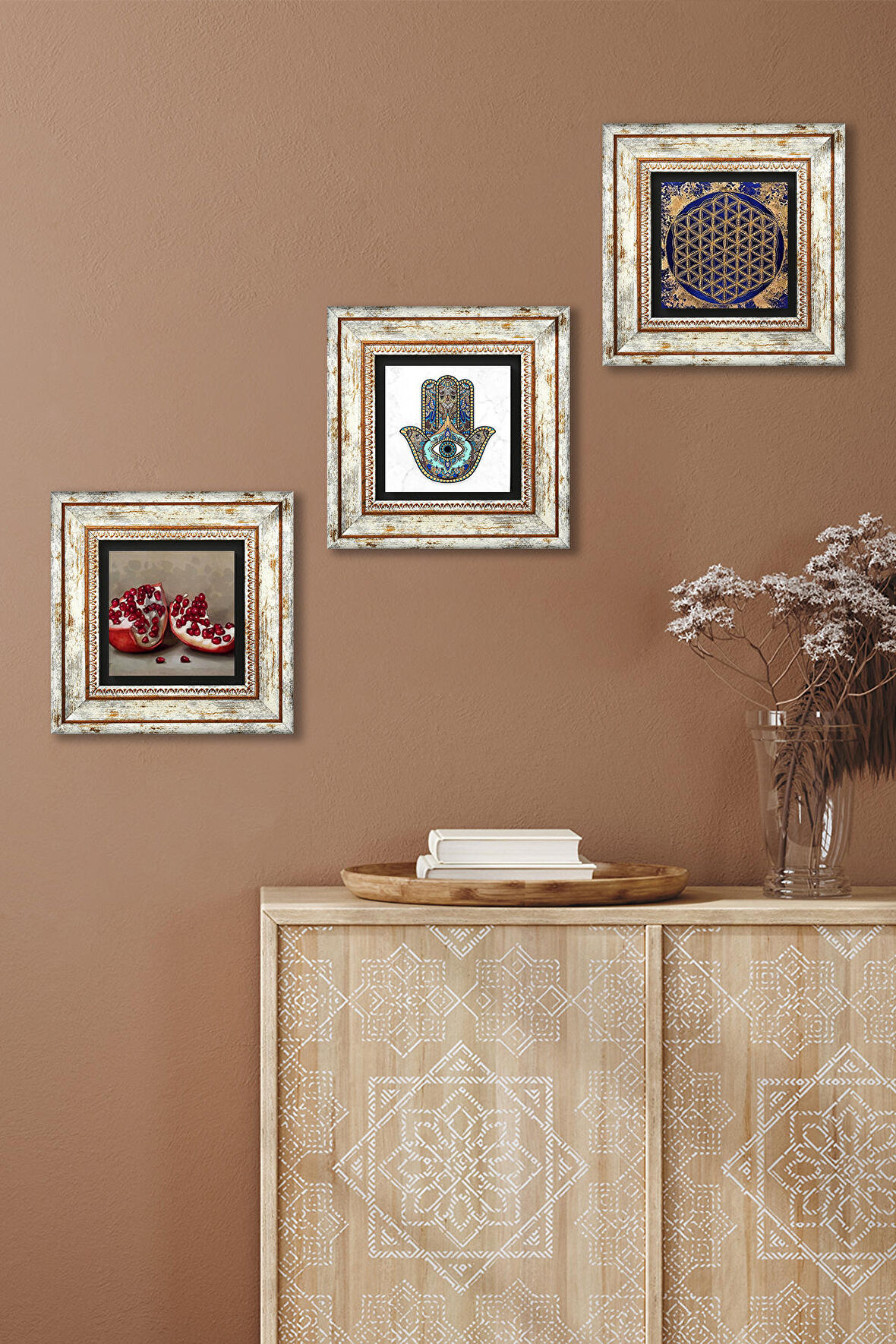 Yaşam Çiçeği, Nar, Fatma Ana Eli (Hamsa) Taş Duvar Tablosu Çerçeveli Duvar Dekoru 3 Parça Tablo Seti Wall Art