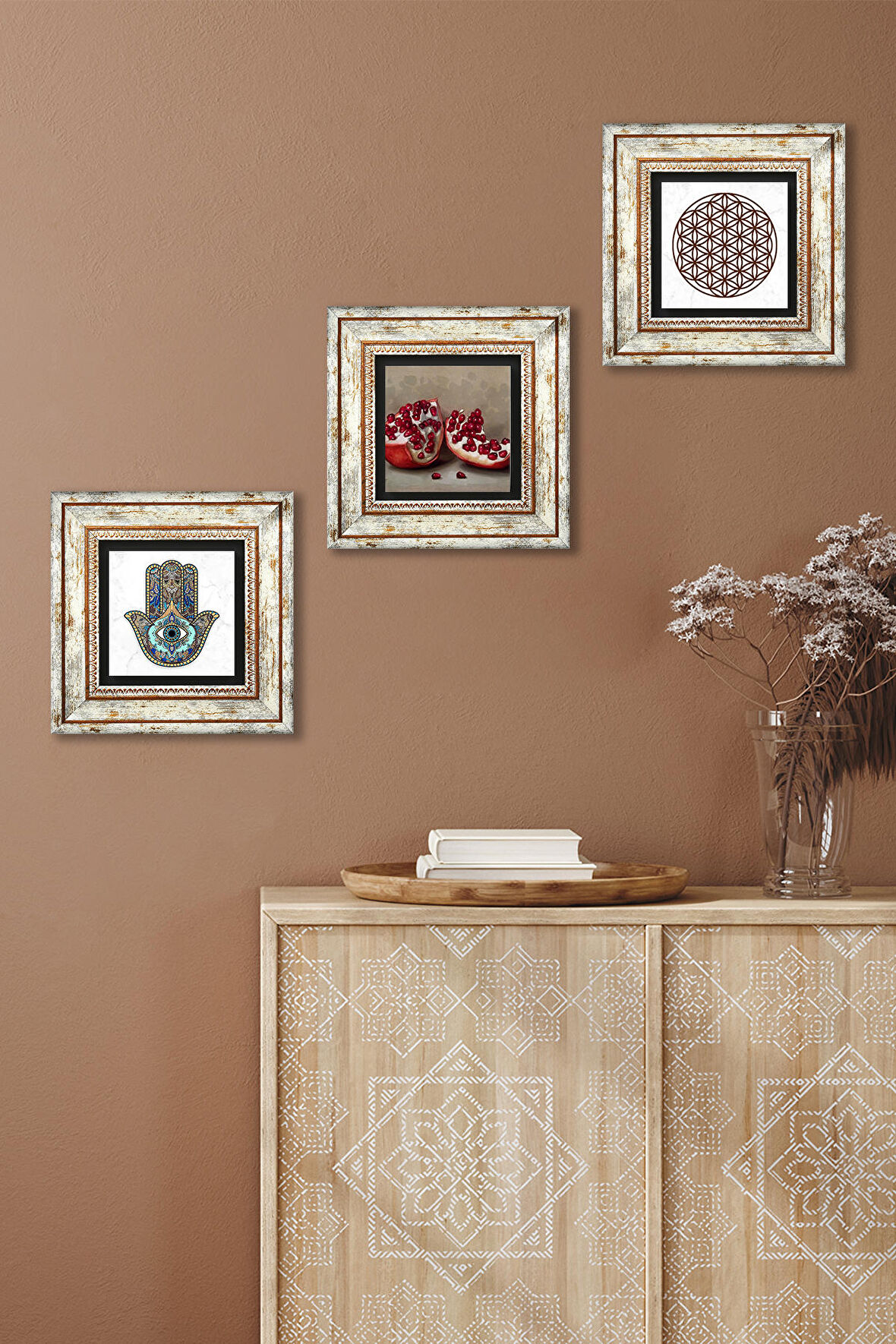 Yaşam Çiçeği, Nar, Fatma Ana Eli (Hamsa) Taş Duvar Tablosu Çerçeveli Duvar Dekoru 3 Parça Tablo Seti Wall Art