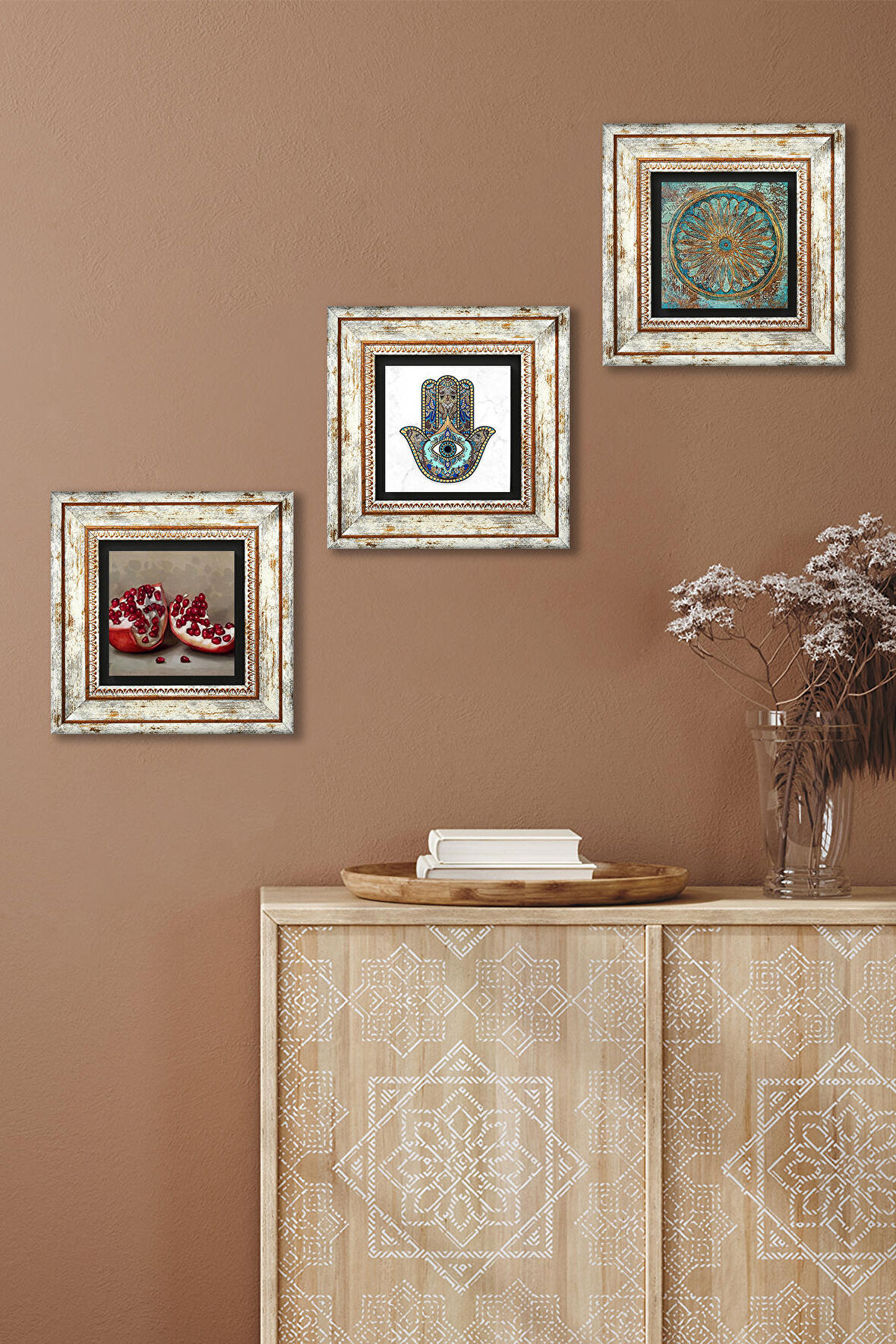 Yaşam Çiçeği, Nar, Fatma Ana Eli (Hamsa) Taş Duvar Tablosu Çerçeveli Duvar Dekoru 3 Parça Tablo Seti Wall Art