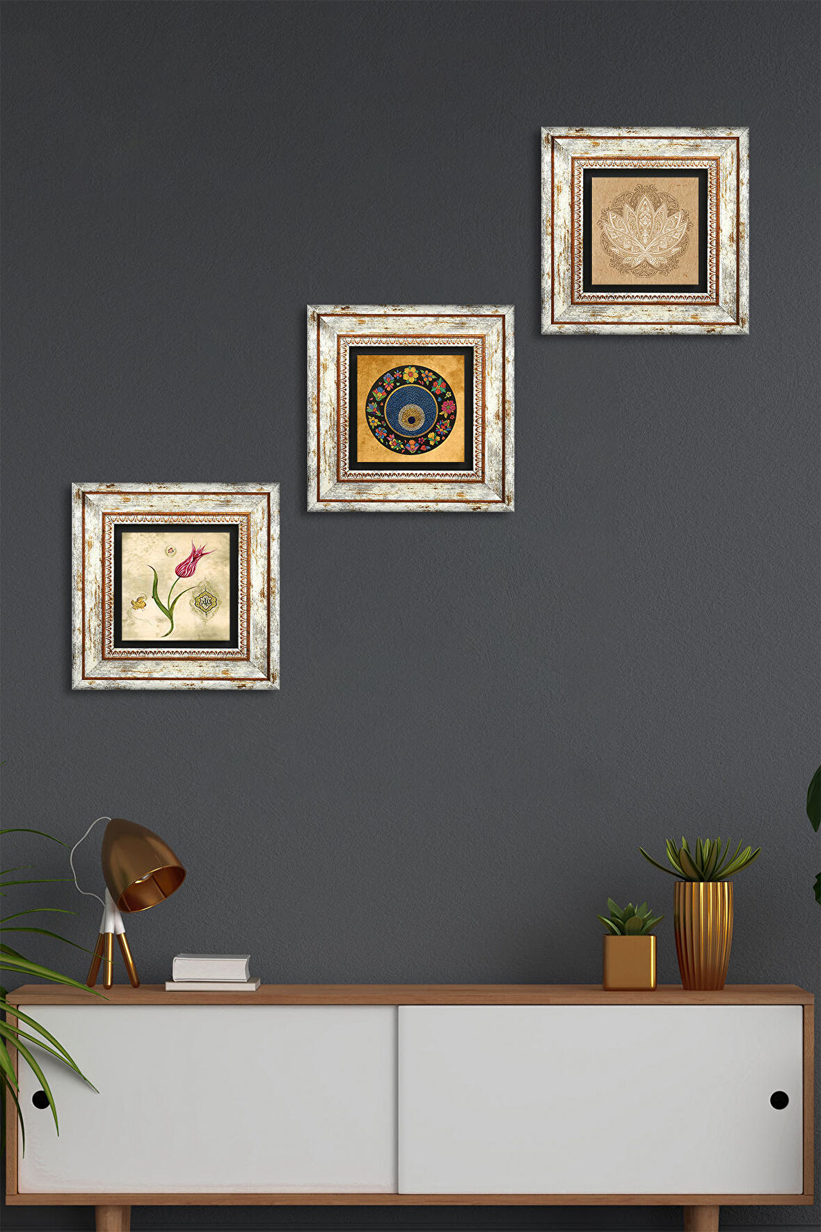Lotus Çiçeği, Lale Ebru Sanatı, Nazar Taş Duvar Tablosu Çerçeveli Duvar Dekoru 3 Parça Tablo Seti Wall Art