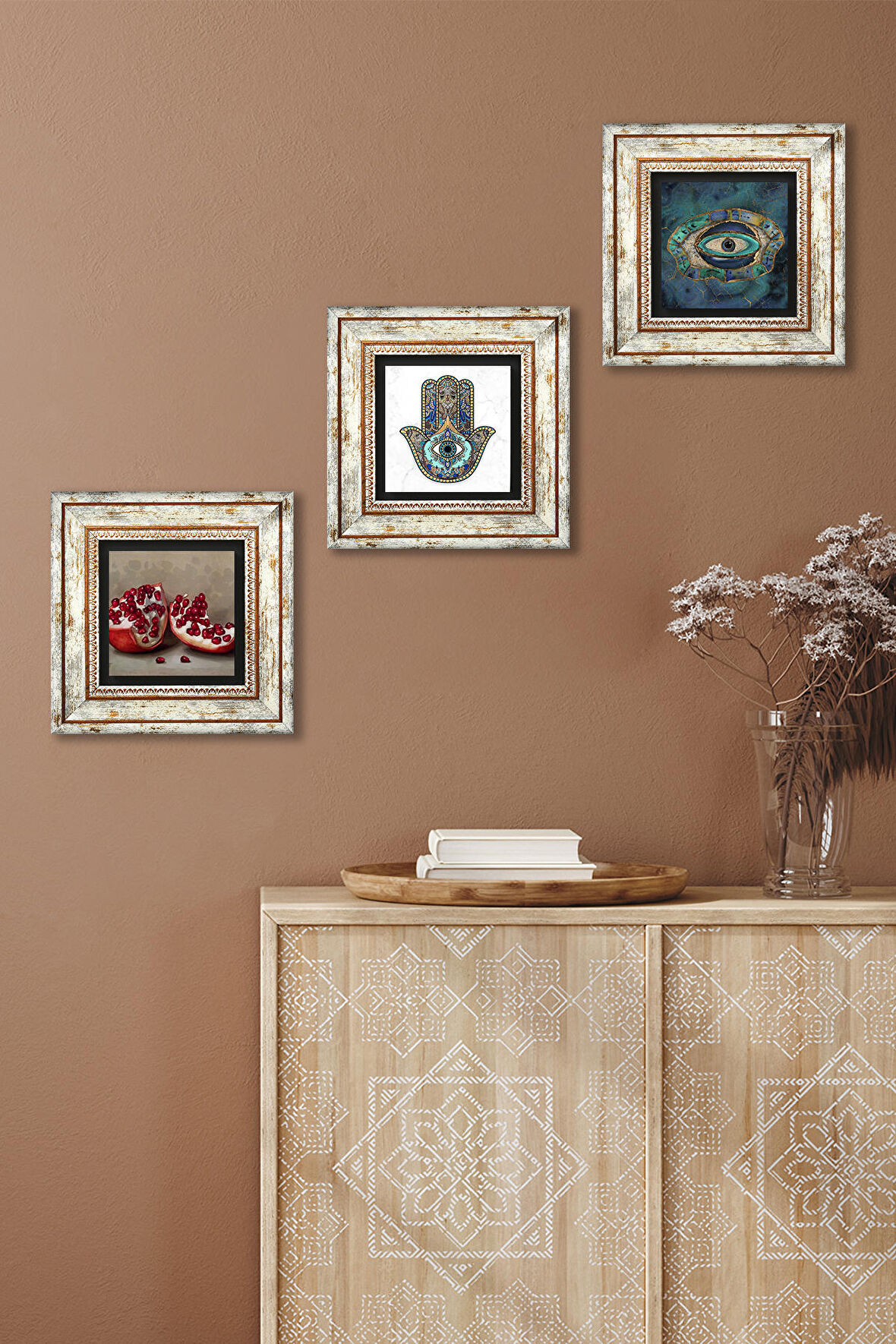 Nazar, Nar, Fatma Ana Eli (Hamsa) Taş Duvar Tablosu Çerçeveli Duvar Dekoru 3 Parça Tablo Seti Wall Art