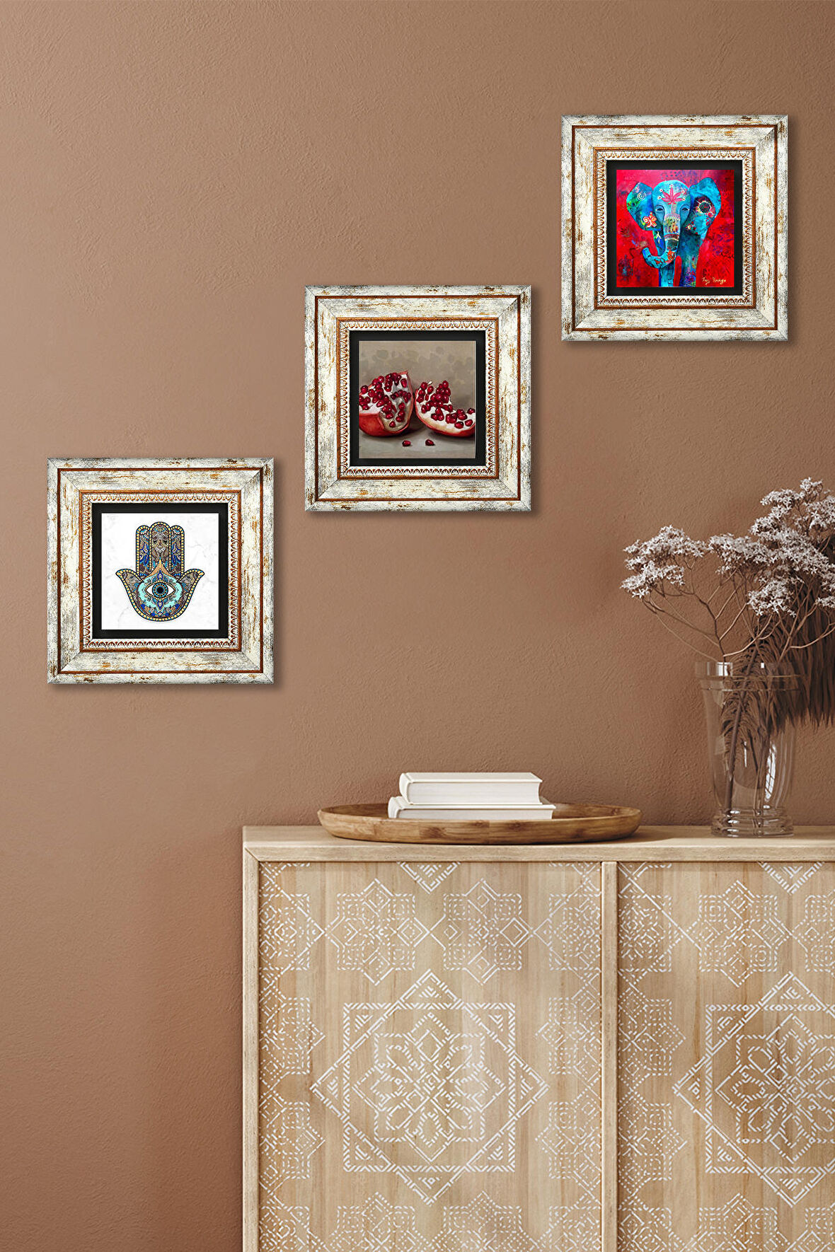 Fil, Nar, Fatma Ana Eli (Hamsa) Taş Duvar Tablosu Çerçeveli Duvar Dekoru 3 Parça Tablo Seti Wall Art