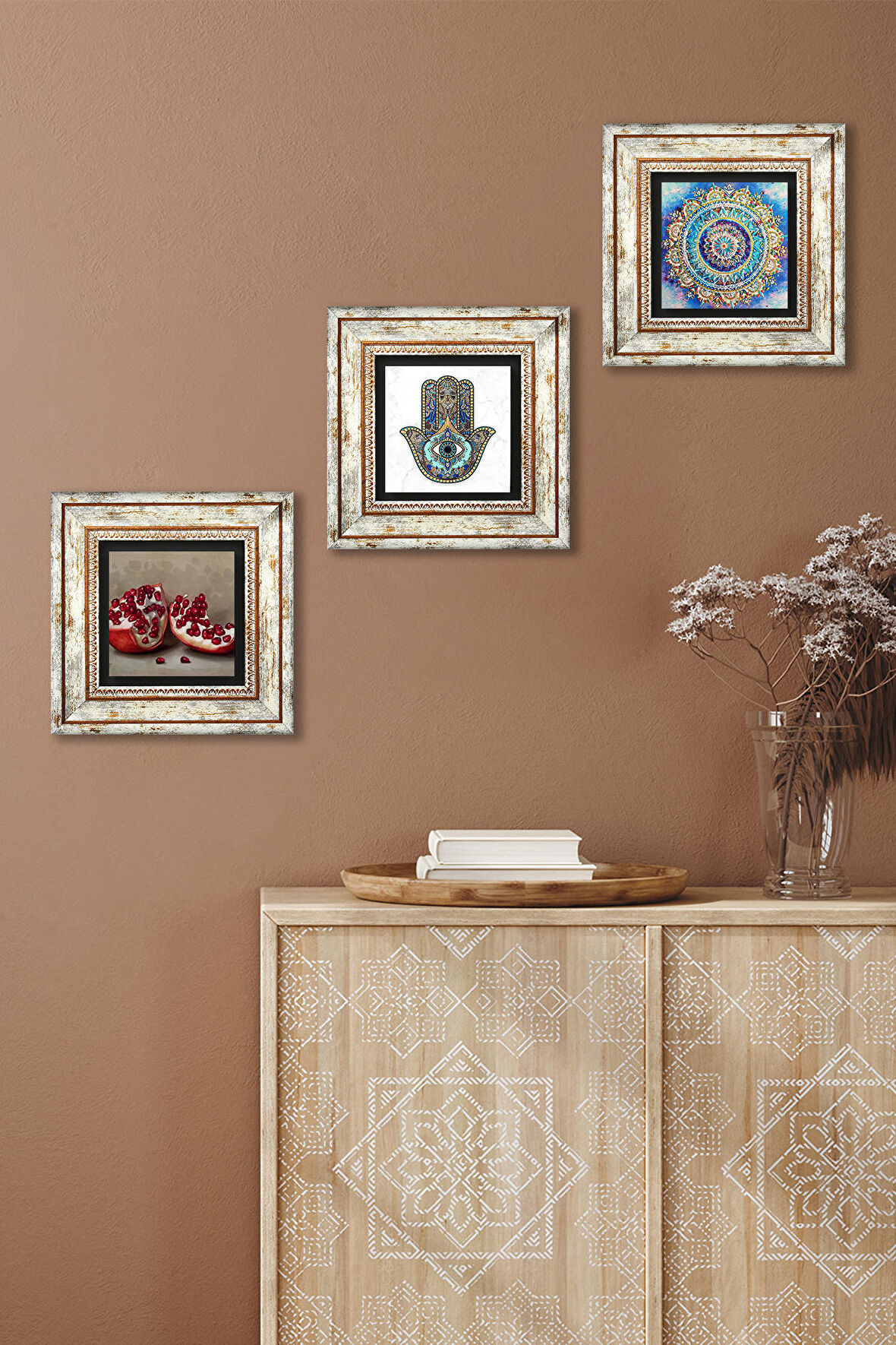 Mandala, Nar, Fatma Ana Eli (Hamsa) Taş Duvar Tablosu Çerçeveli Duvar Dekoru 3 Parça Tablo Seti Wall Art