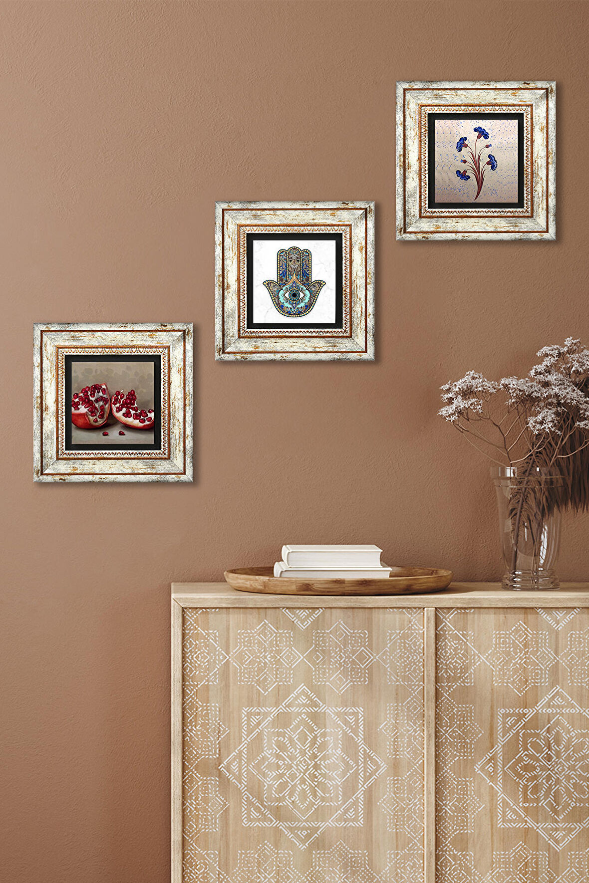 Ebru Sanatı, Nar, Fatma Ana Eli (Hamsa) Taş Duvar Tablosu Çerçeveli Duvar Dekoru 3 Parça Tablo Seti Wall Art