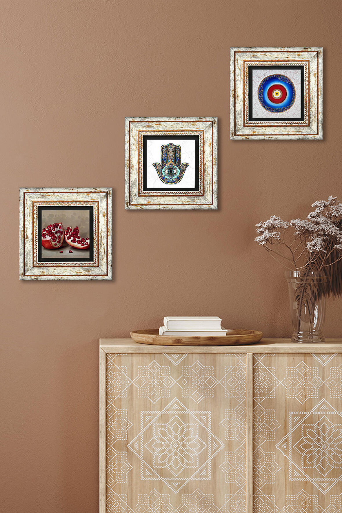 Nazar, Nar, Fatma Ana Eli (Hamsa) Taş Duvar Tablosu Çerçeveli Duvar Dekoru 3 Parça Tablo Seti Wall Art