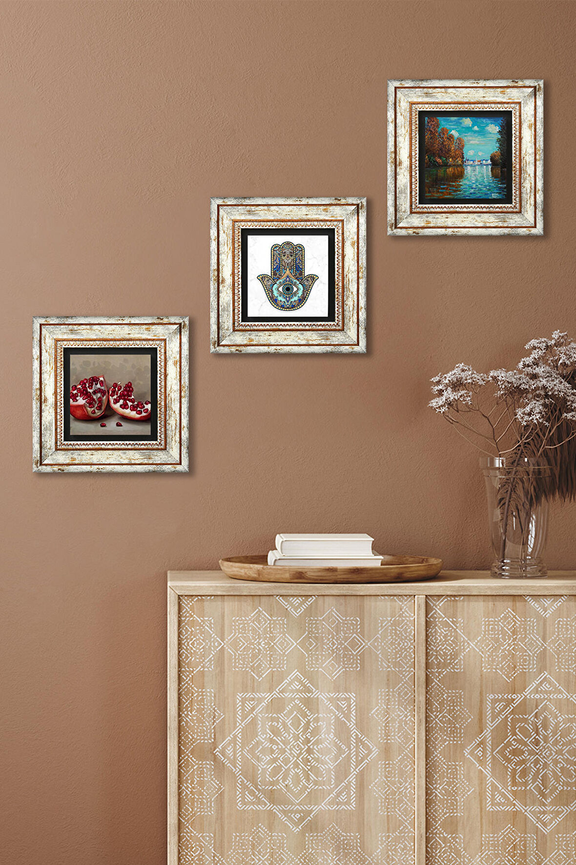 Claude Monet Sonbahar, Nar, Fatma Ana Eli (Hamsa) Taş Duvar Tablosu Çerçeveli Duvar Dekoru 3 Parça Tablo Seti Wall Art