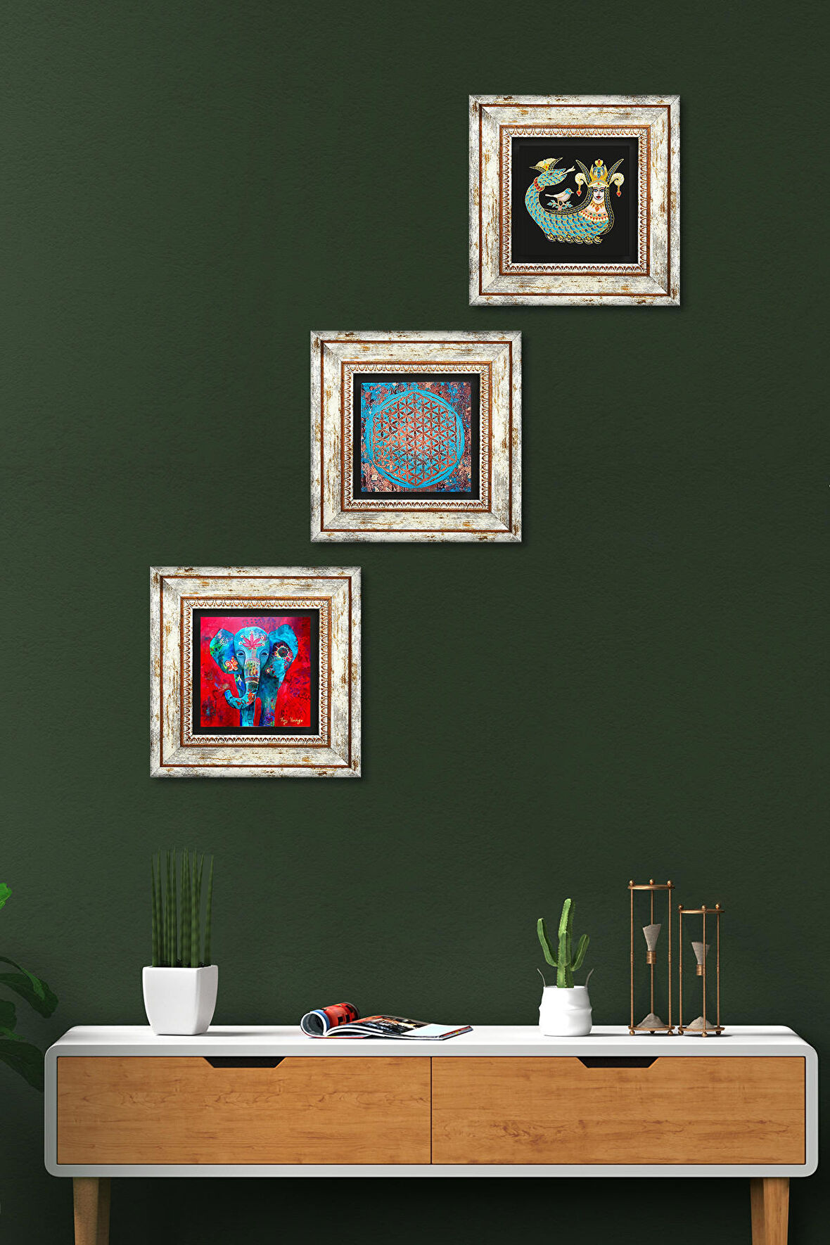 Fil, Yaşam Çiçeği, Şahmeran Taş Duvar Tablosu Çerçeveli Duvar Dekoru 3 Parça Tablo Seti Wall Art