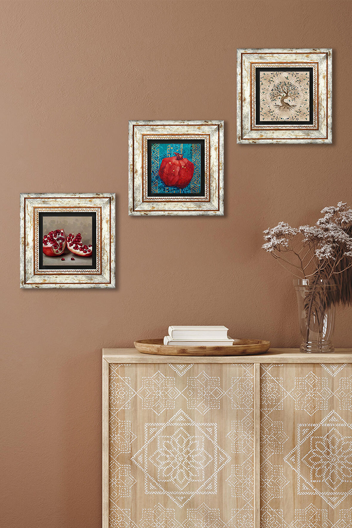 Hayat Ağacı, Nar Taş Duvar Tablosu Çerçeveli Duvar Dekoru 3 Parça Tablo Seti Wall Art