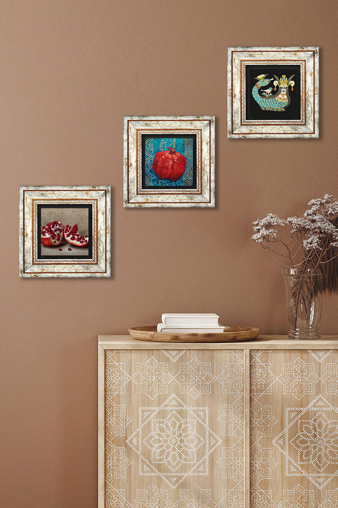 Şahmeran, Nar Taş Duvar Tablosu Çerçeveli Duvar Dekoru 3 Parça Tablo Seti Wall Art