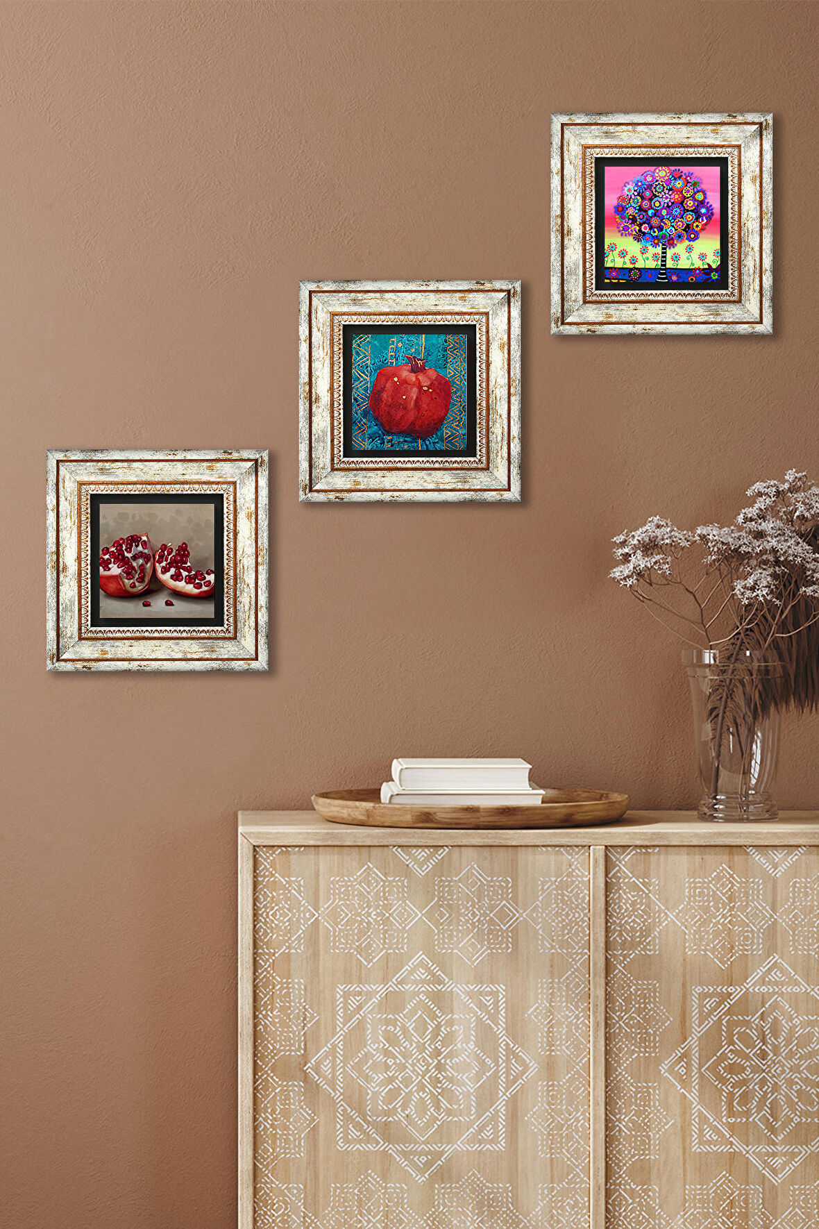 Karla Gerard Hayat Ağacı, Nar Taş Duvar Tablosu Çerçeveli Duvar Dekoru 3 Parça Tablo Seti Wall Art