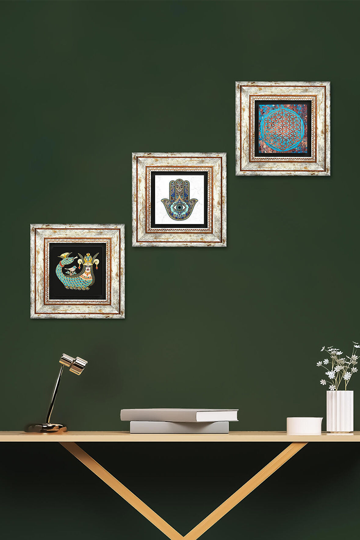 Yaşam Çiçeği, Şahmeran, Fatma Ana Eli (Hamsa) Taş Duvar Tablosu Çerçeveli Duvar Dekoru 3 Parça Tablo Seti Wall Art