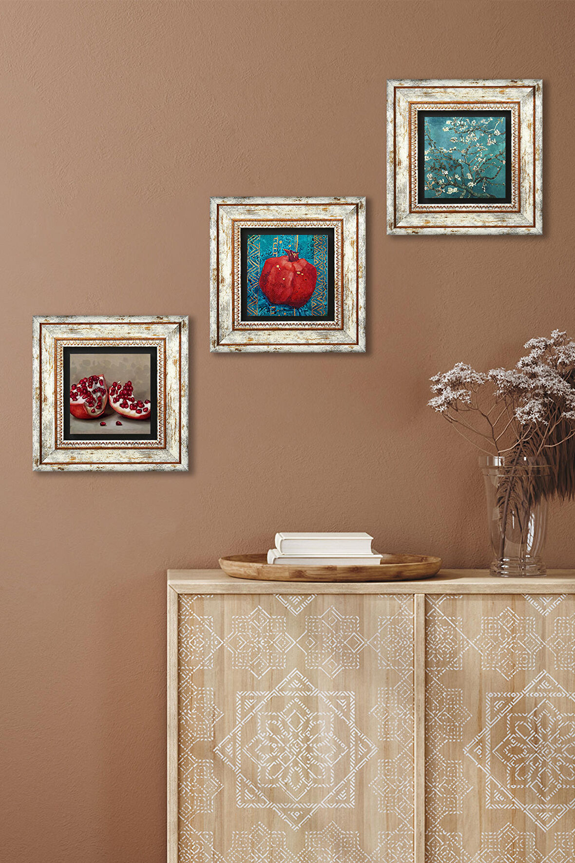 Van Gogh Badem Ağacı, Nar Taş Duvar Tablosu Çerçeveli Duvar Dekoru 3 Parça Tablo Seti Wall Art