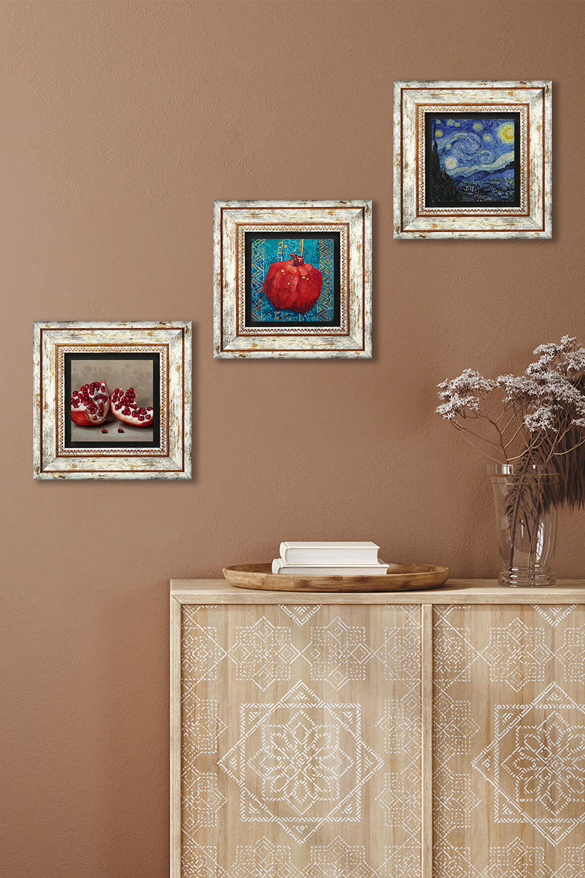 Van Gogh Yıldızlı Gece, Nar Taş Duvar Tablosu Çerçeveli Duvar Dekoru 3 Parça Tablo Seti Wall Art