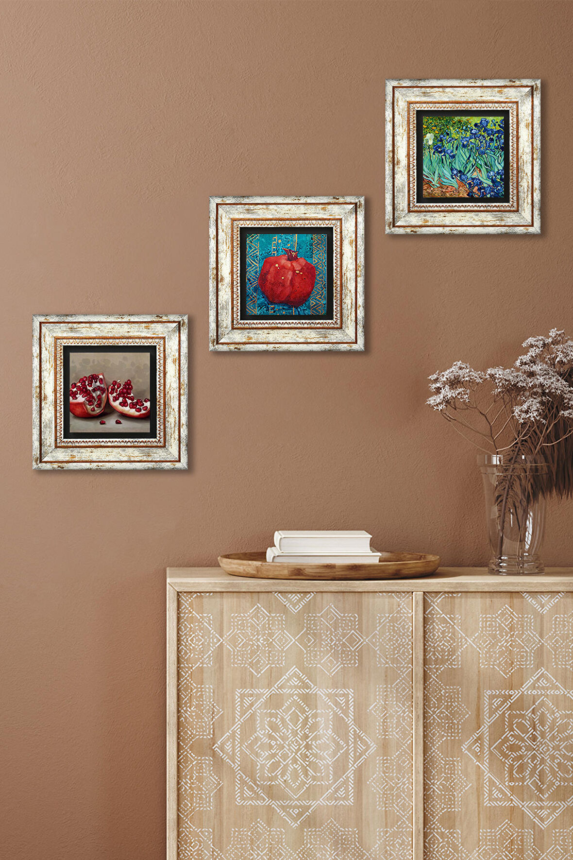 Van Gogh İrisler, Nar Taş Duvar Tablosu Çerçeveli Duvar Dekoru 3 Parça Tablo Seti Wall Art