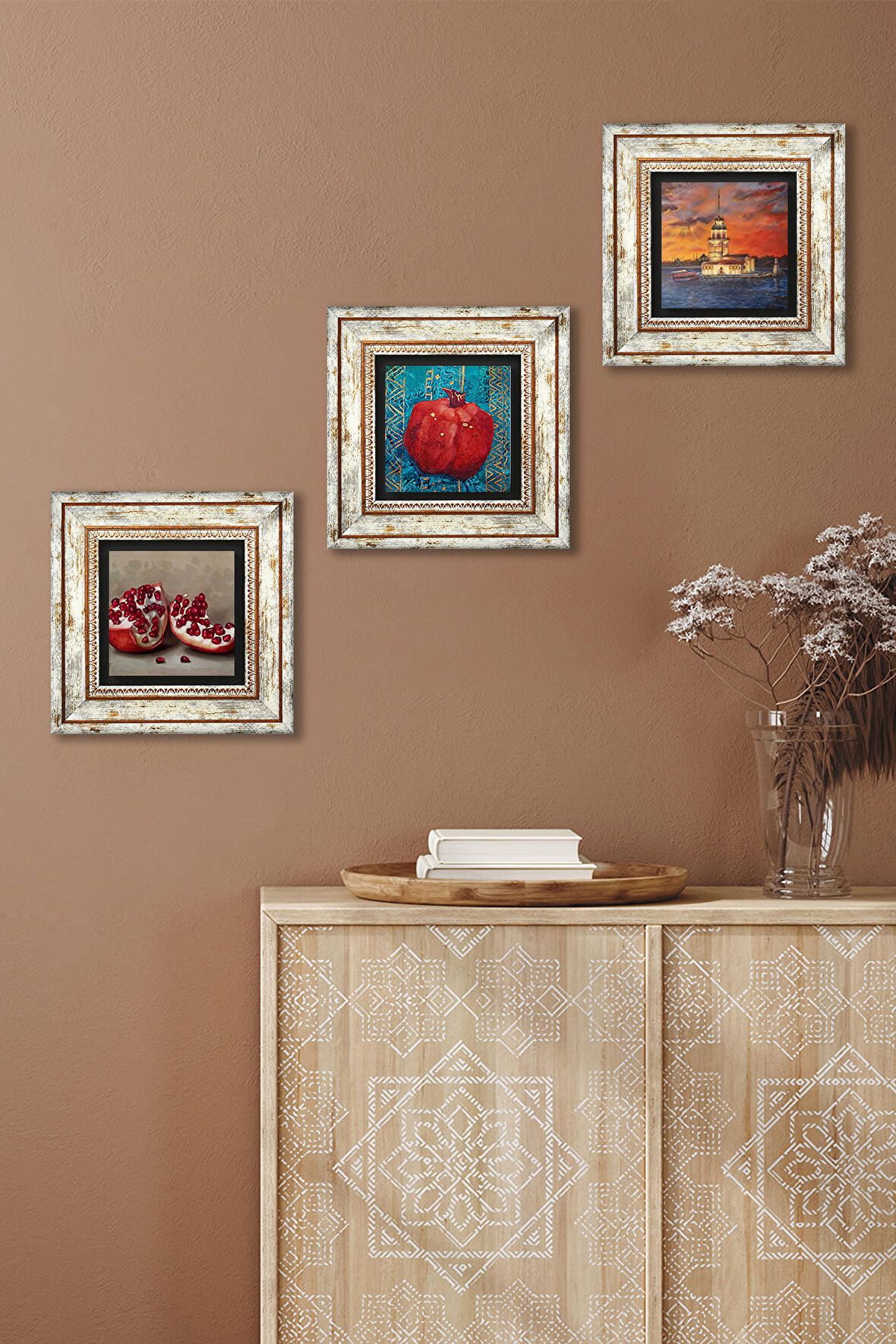 İstanbul Kız Kulesi, Nar Taş Duvar Tablosu Çerçeveli Duvar Dekoru 3 Parça Tablo Seti Wall Art