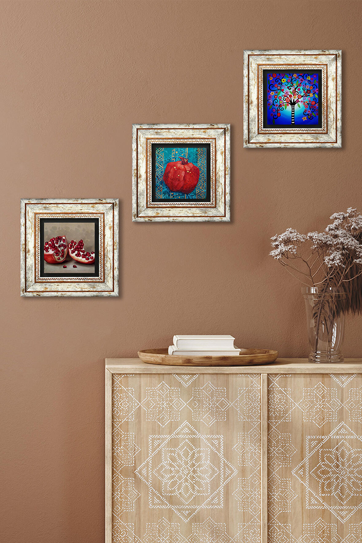 Hayat Ağacı, Nar Taş Duvar Tablosu Çerçeveli Duvar Dekoru 3 Parça Tablo Seti Wall Art