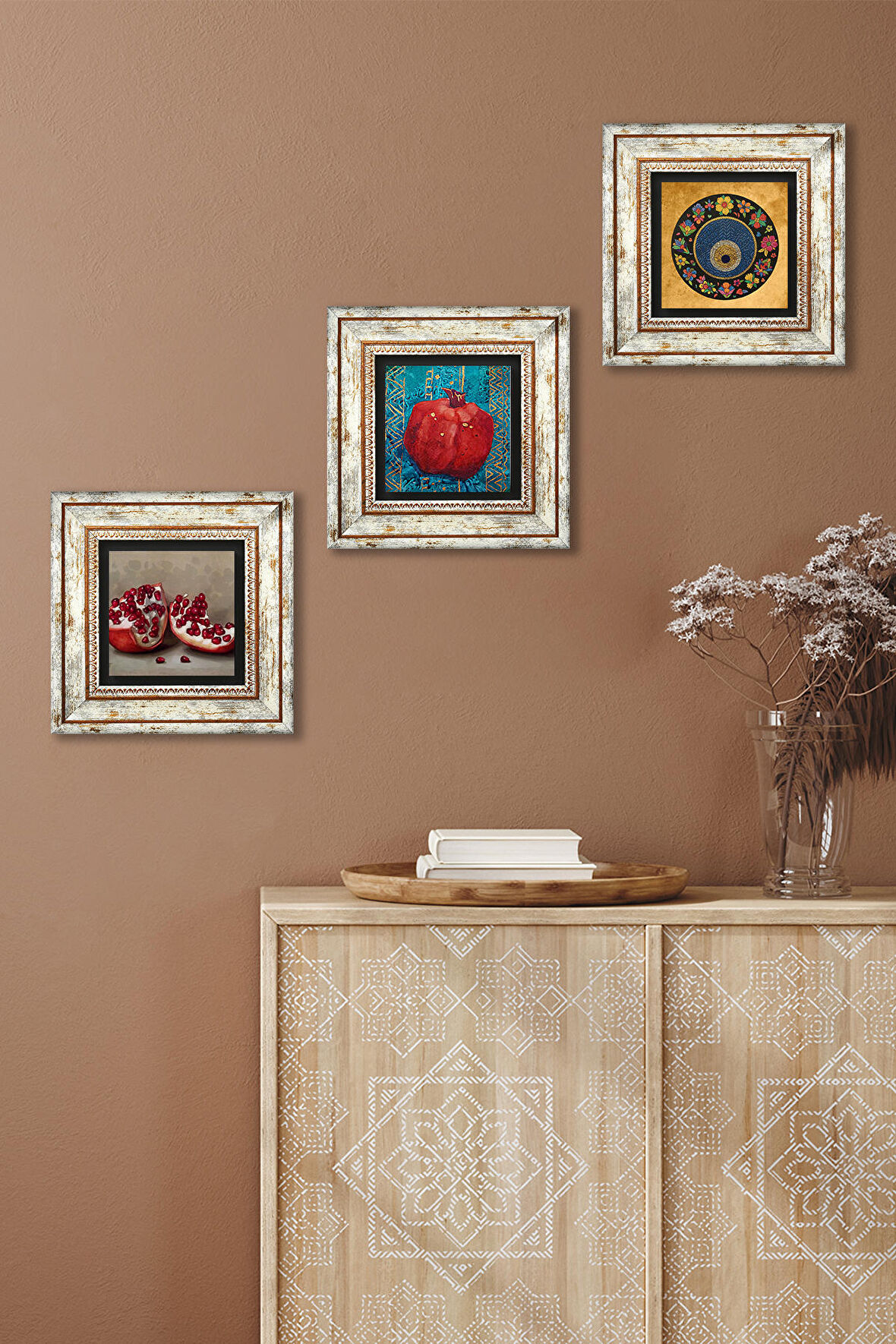 Nazar Boncuğu, Nar Taş Duvar Tablosu Çerçeveli Duvar Dekoru 3 Parça Tablo Seti Wall Art