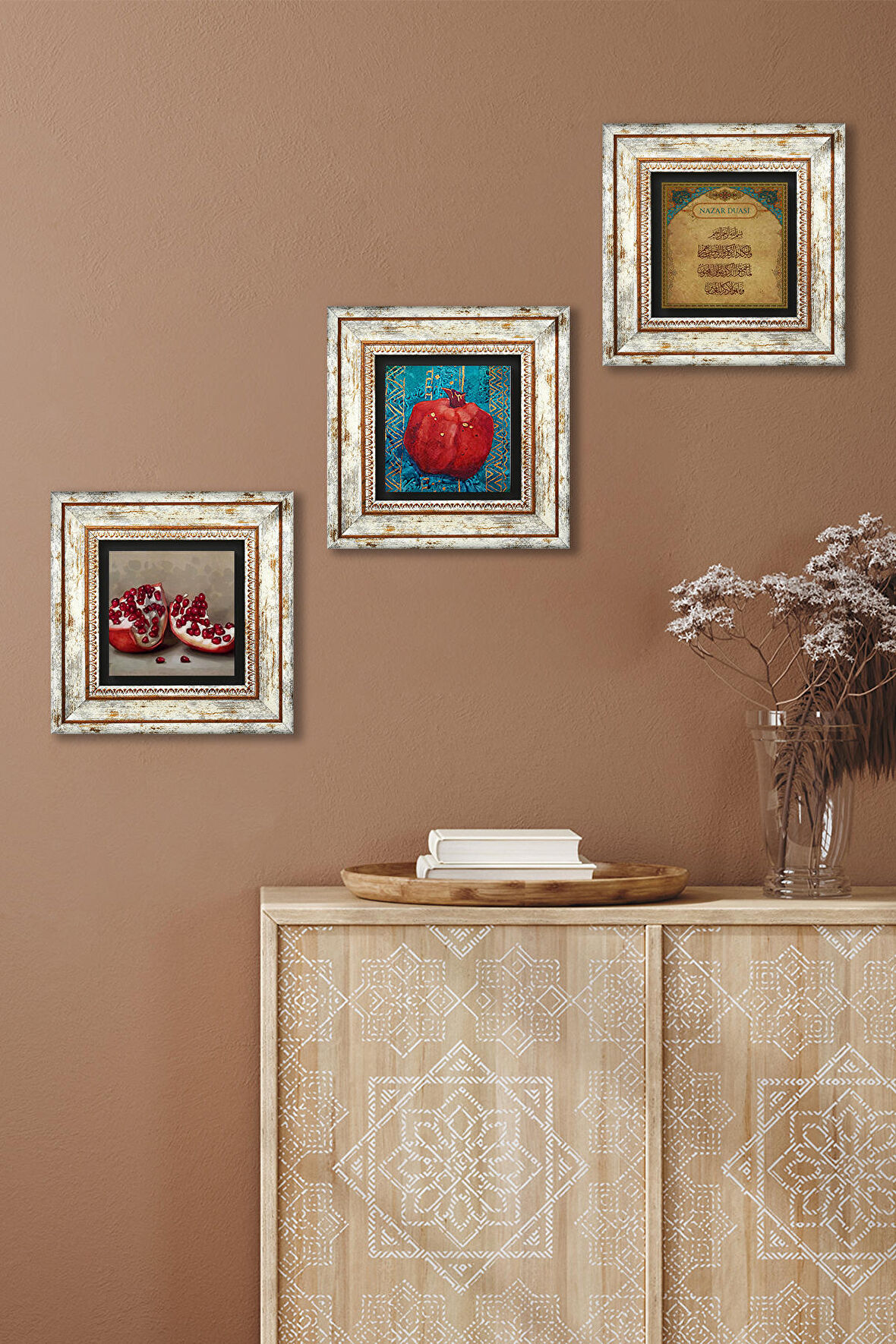 Nazar Duası, Nar Taş Duvar Tablosu Çerçeveli Duvar Dekoru 3 Parça Tablo Seti Wall Art