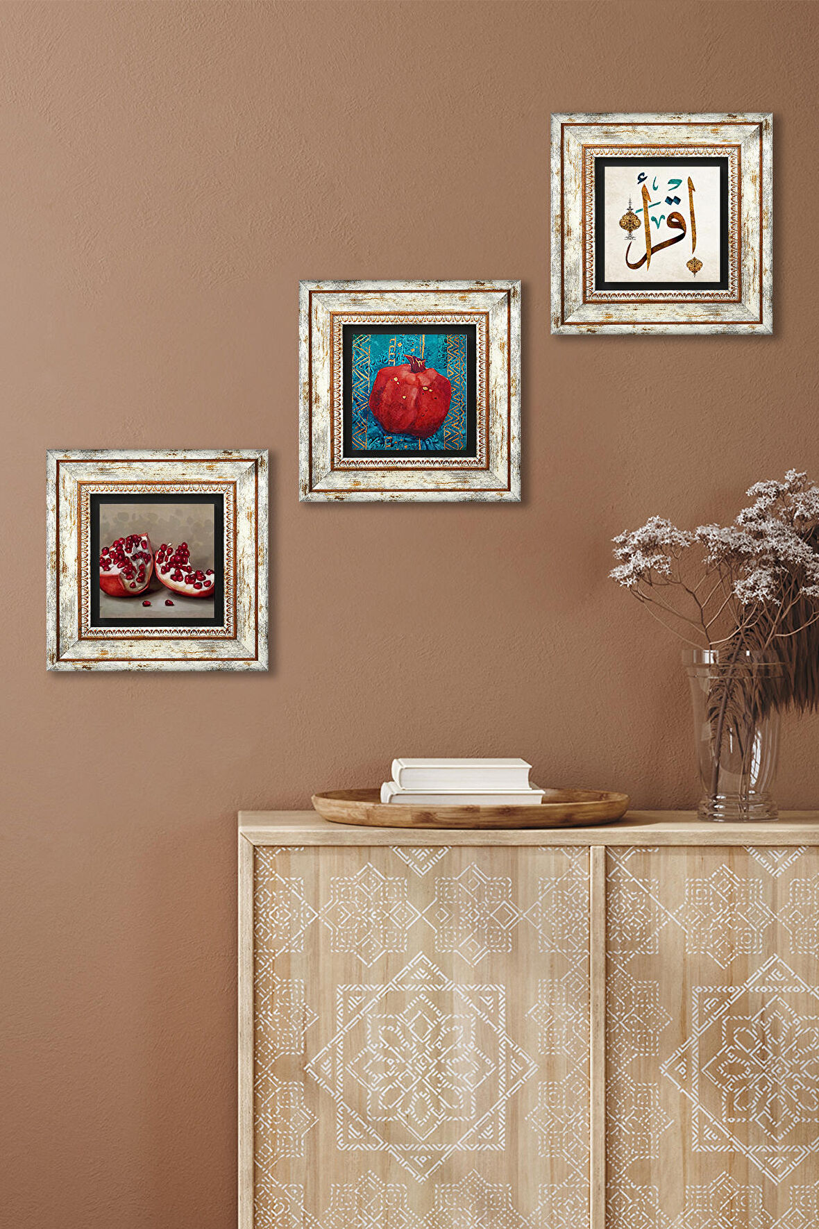 İlk Ayet 'Oku', Nar Taş Duvar Tablosu Çerçeveli Duvar Dekoru 3 Parça Tablo Seti Wall Art