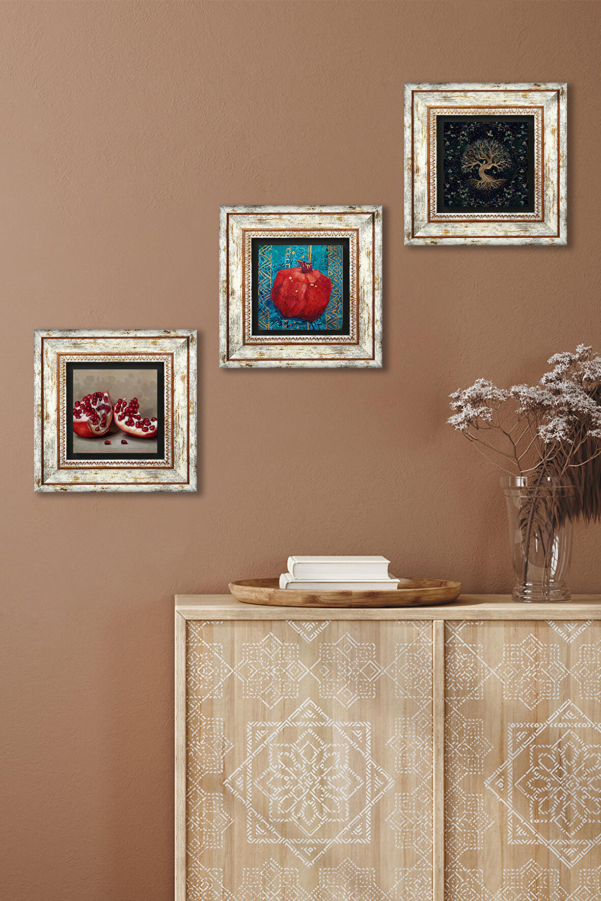 Hayat Ağacı, Nar Taş Duvar Tablosu Çerçeveli Duvar Dekoru 3 Parça Tablo Seti Wall Art