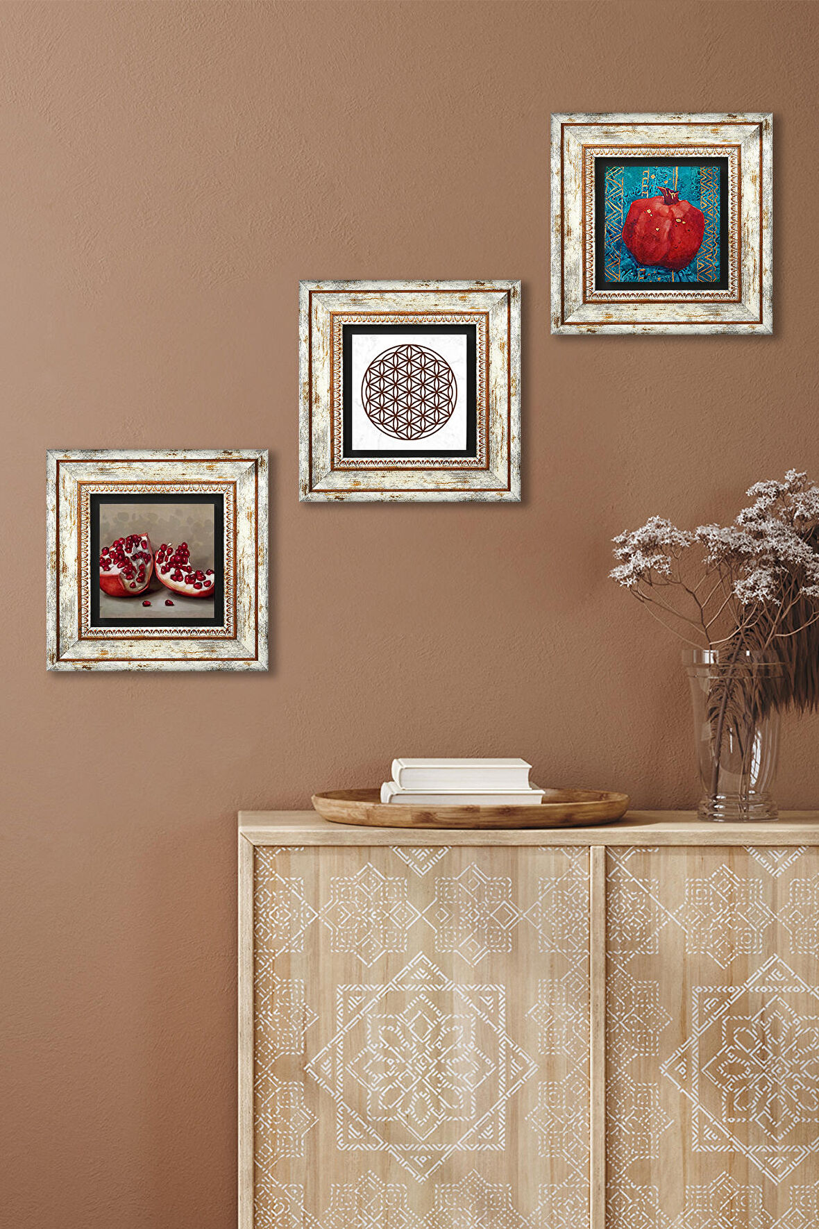 Yaşam Çiçeği, Nar Taş Duvar Tablosu Çerçeveli Duvar Dekoru 3 Parça Tablo Seti Wall Art