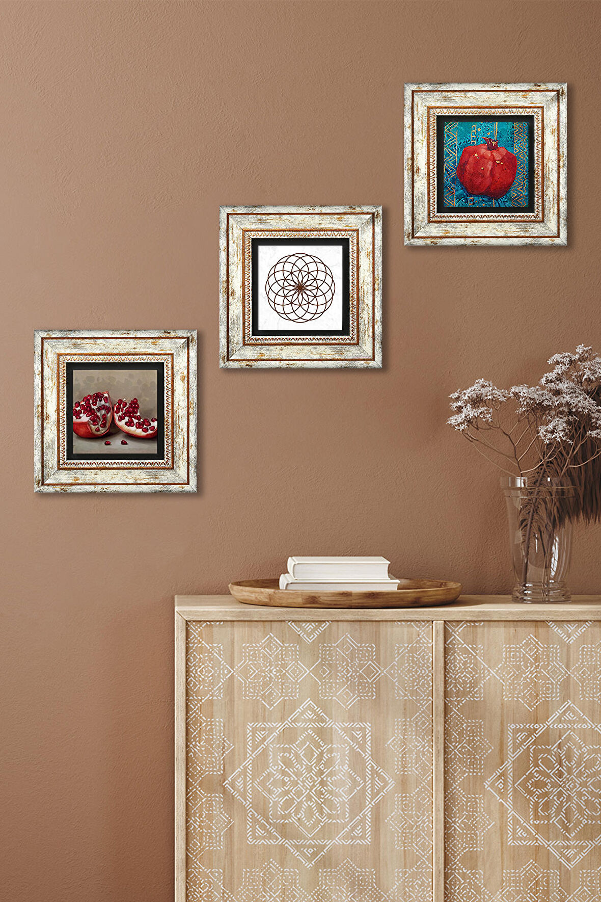 Yaşam Çiçeği, Nar Taş Duvar Tablosu Çerçeveli Duvar Dekoru 3 Parça Tablo Seti Wall Art