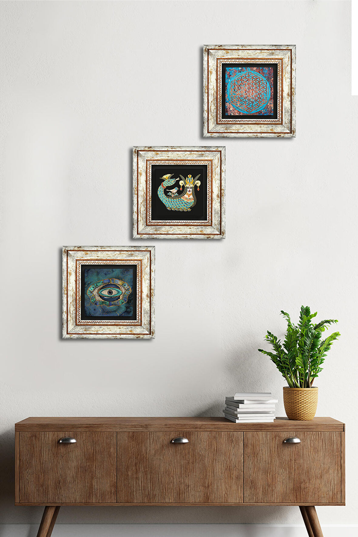 Nazar, Yaşam Çiçeği, Şahmeran Taş Duvar Tablosu Çerçeveli Duvar Dekoru 3 Parça Tablo Seti Wall Art