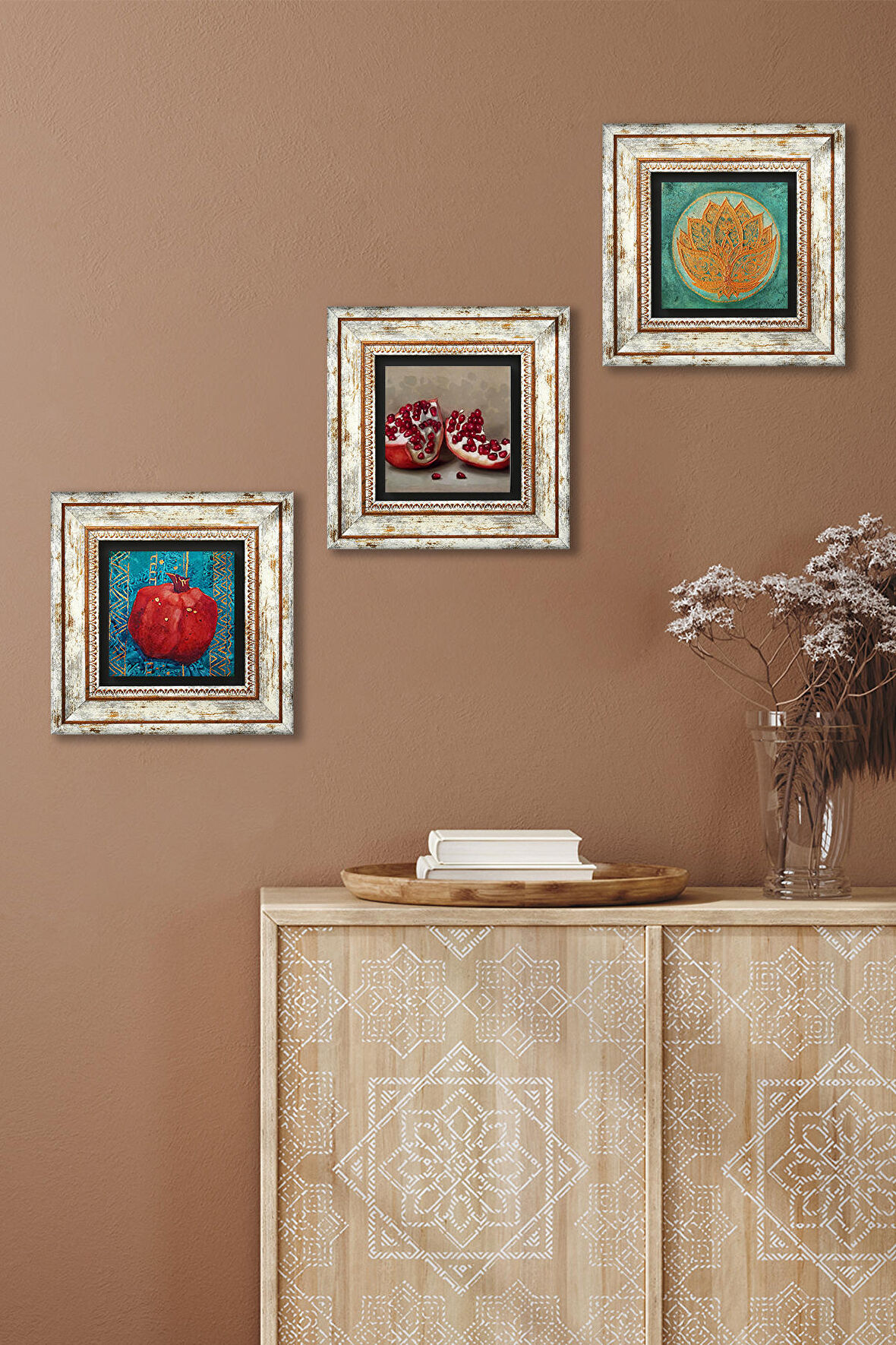 Lotus Çiçeği, Nar Taş Duvar Tablosu Çerçeveli Duvar Dekoru 3 Parça Tablo Seti Wall Art