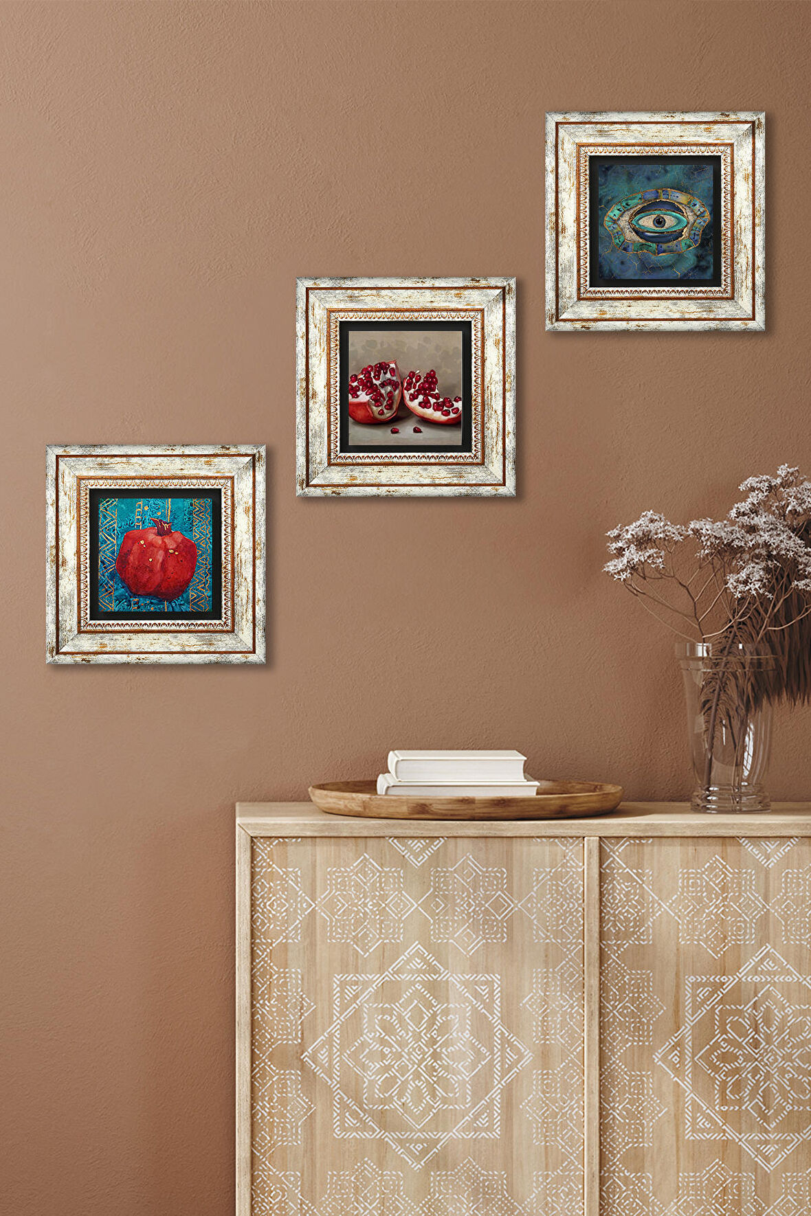 Nazar, Nar Taş Duvar Tablosu Çerçeveli Duvar Dekoru 3 Parça Tablo Seti Wall Art