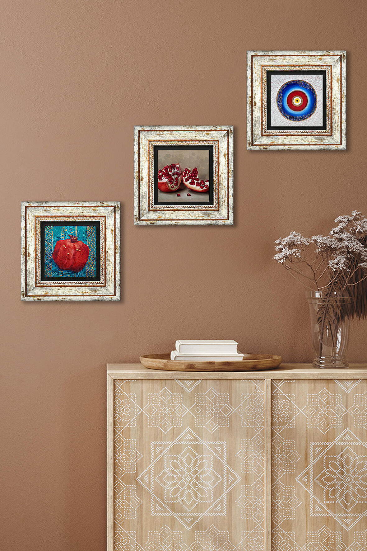 Nazar, Nar Taş Duvar Tablosu Çerçeveli Duvar Dekoru 3 Parça Tablo Seti Wall Art