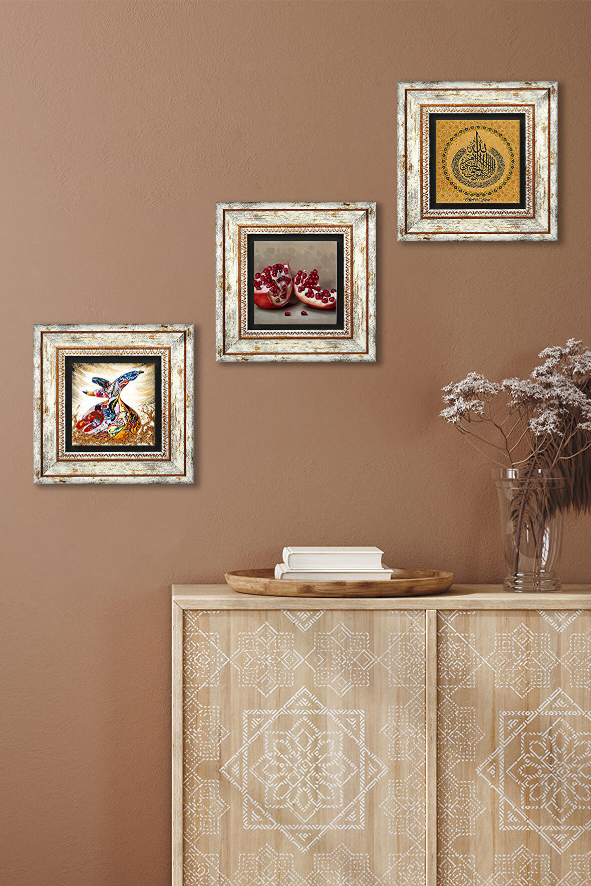 Ayet-el Kürsi, Semazen, Nar Taş Duvar Tablosu Çerçeveli Duvar Dekoru 3 Parça Tablo Seti Wall Art