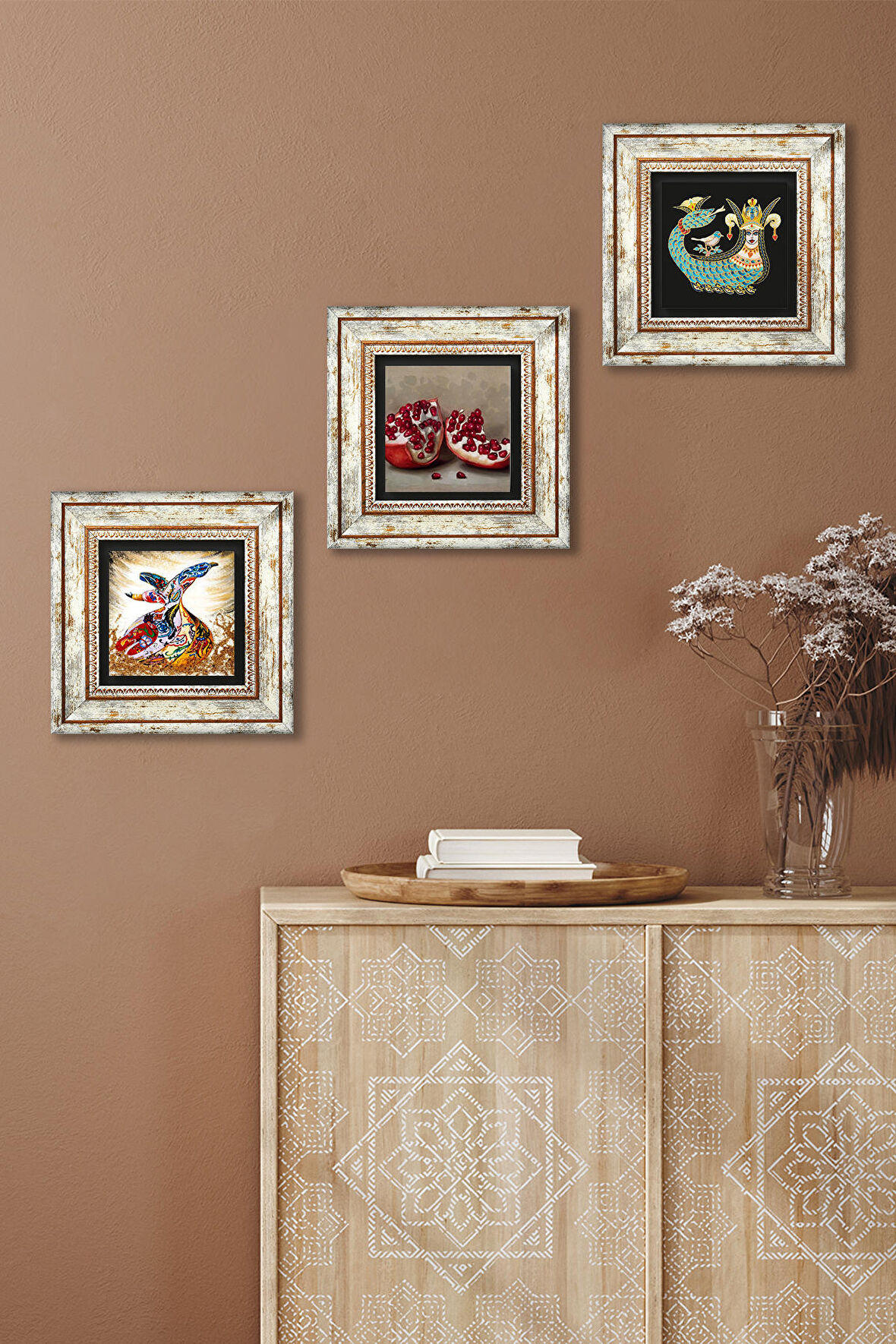 Şahmeran, Semazen, Nar Taş Duvar Tablosu Çerçeveli Duvar Dekoru 3 Parça Tablo Seti Wall Art