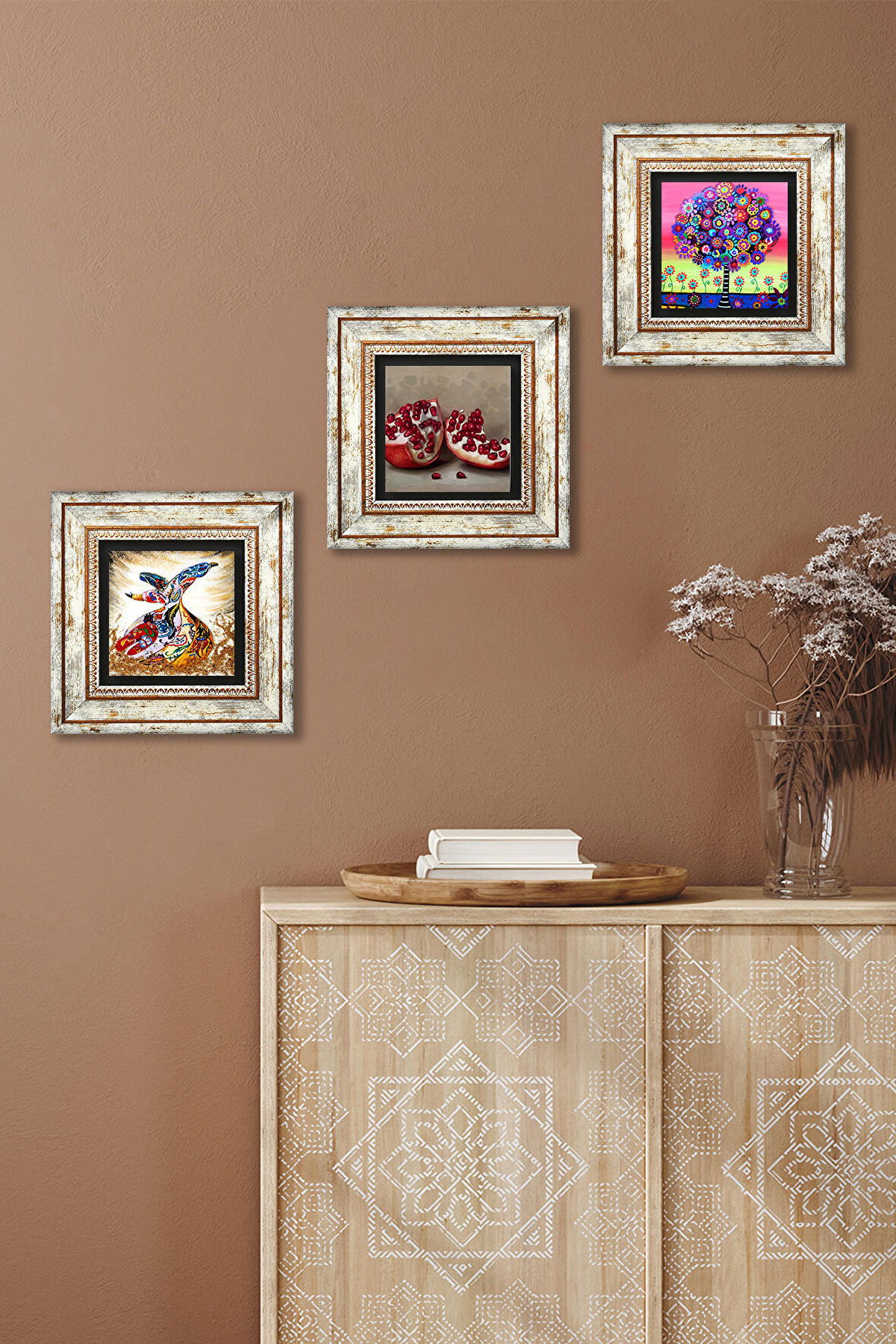 Karla Gerard Hayat Ağacı, Semazen, Nar Taş Duvar Tablosu Çerçeveli Duvar Dekoru 3 Parça Tablo Seti Wall Art