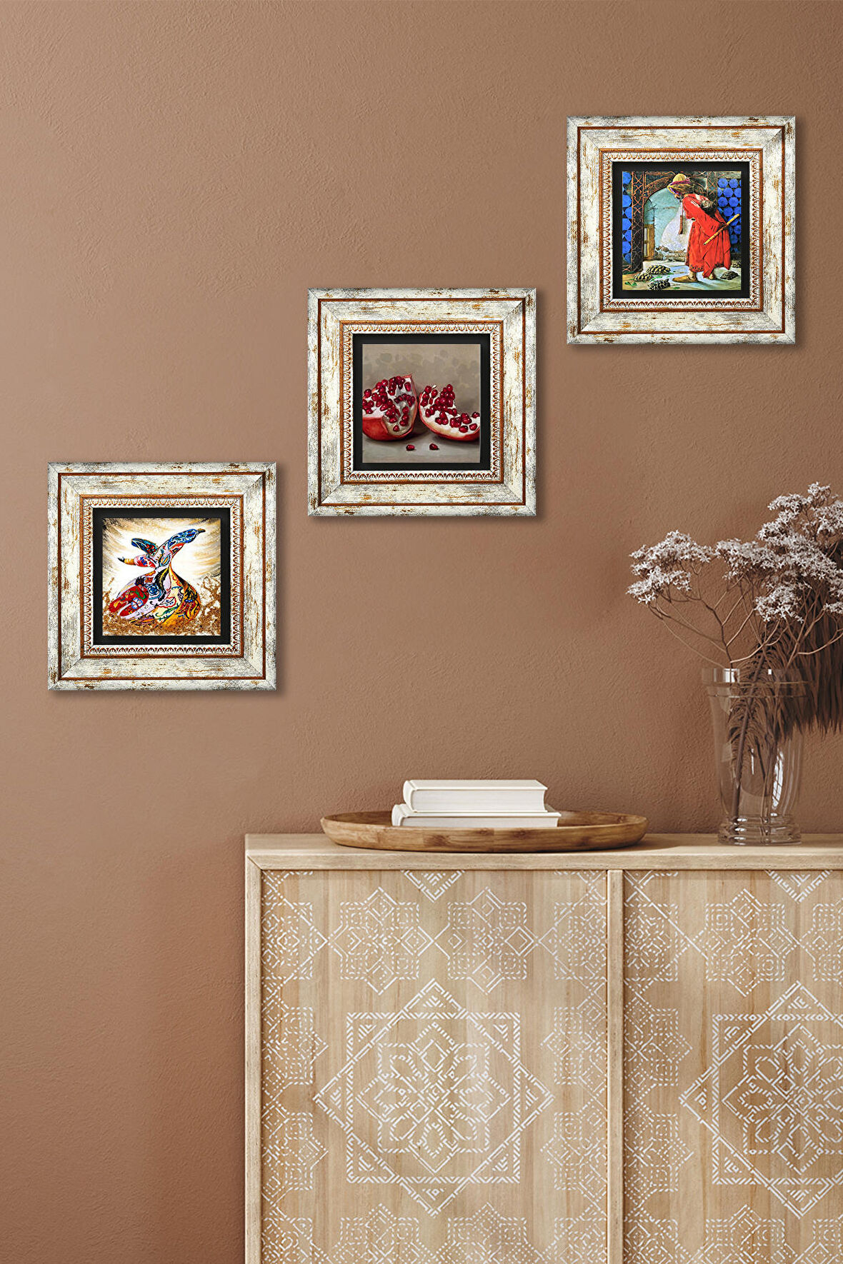 Kaplumbağa Terbiyecisi, Semazen, Nar Taş Duvar Tablosu Çerçeveli Duvar Dekoru 3 Parça Tablo Seti Wall Art