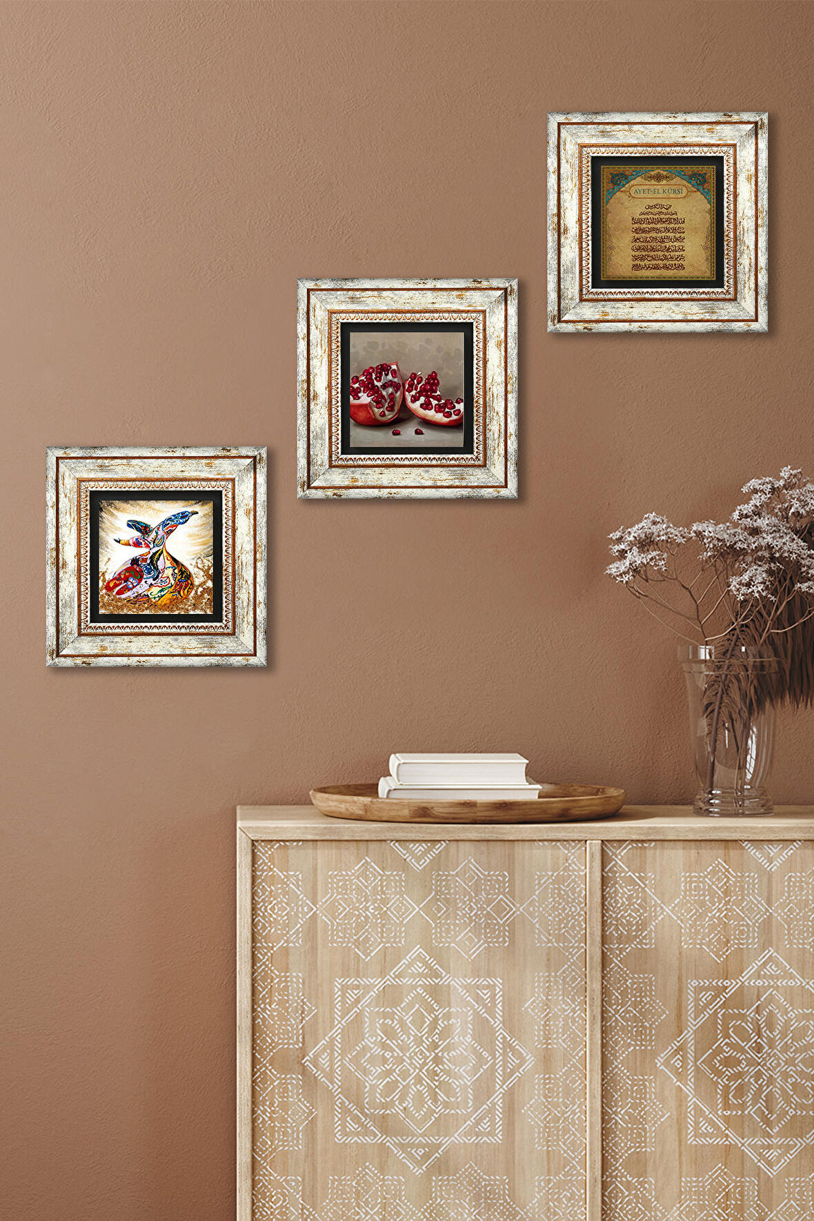 Ayet-el Kürsi, Semazen, Nar Taş Duvar Tablosu Çerçeveli Duvar Dekoru 3 Parça Tablo Seti Wall Art