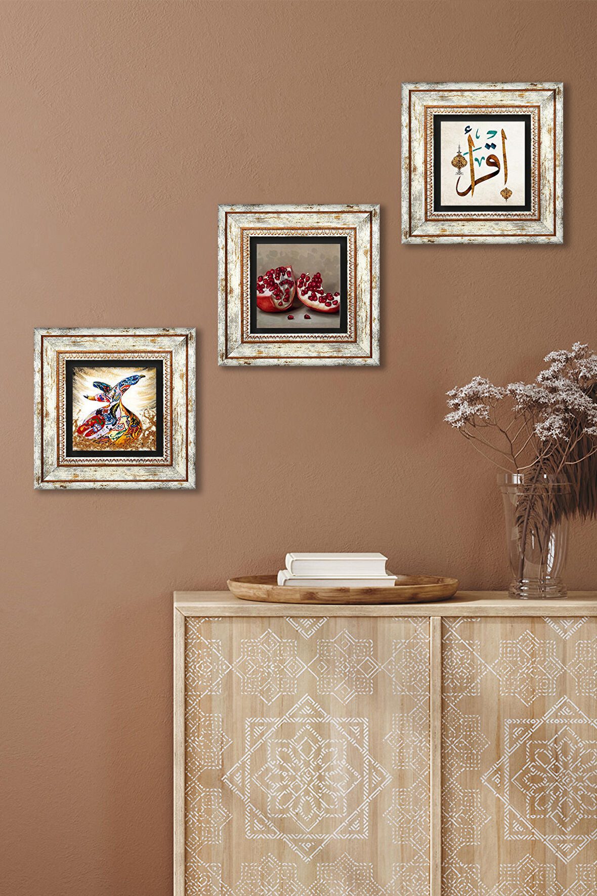 İlk Ayet 'Oku', Semazen, Nar Taş Duvar Tablosu Çerçeveli Duvar Dekoru 3 Parça Tablo Seti Wall Art