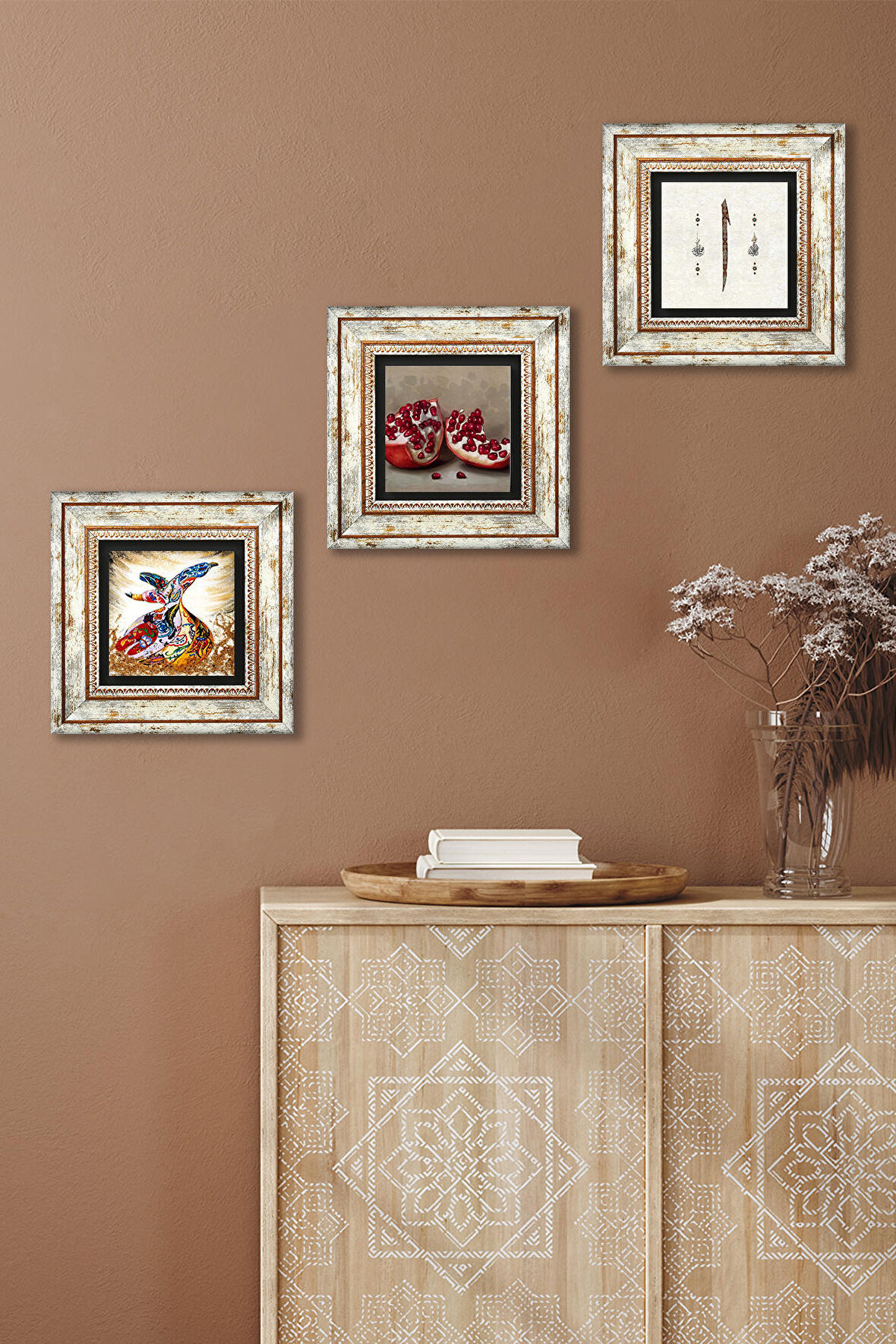 Elif, Semazen, Nar Taş Duvar Tablosu Çerçeveli Duvar Dekoru 3 Parça Tablo Seti Wall Art