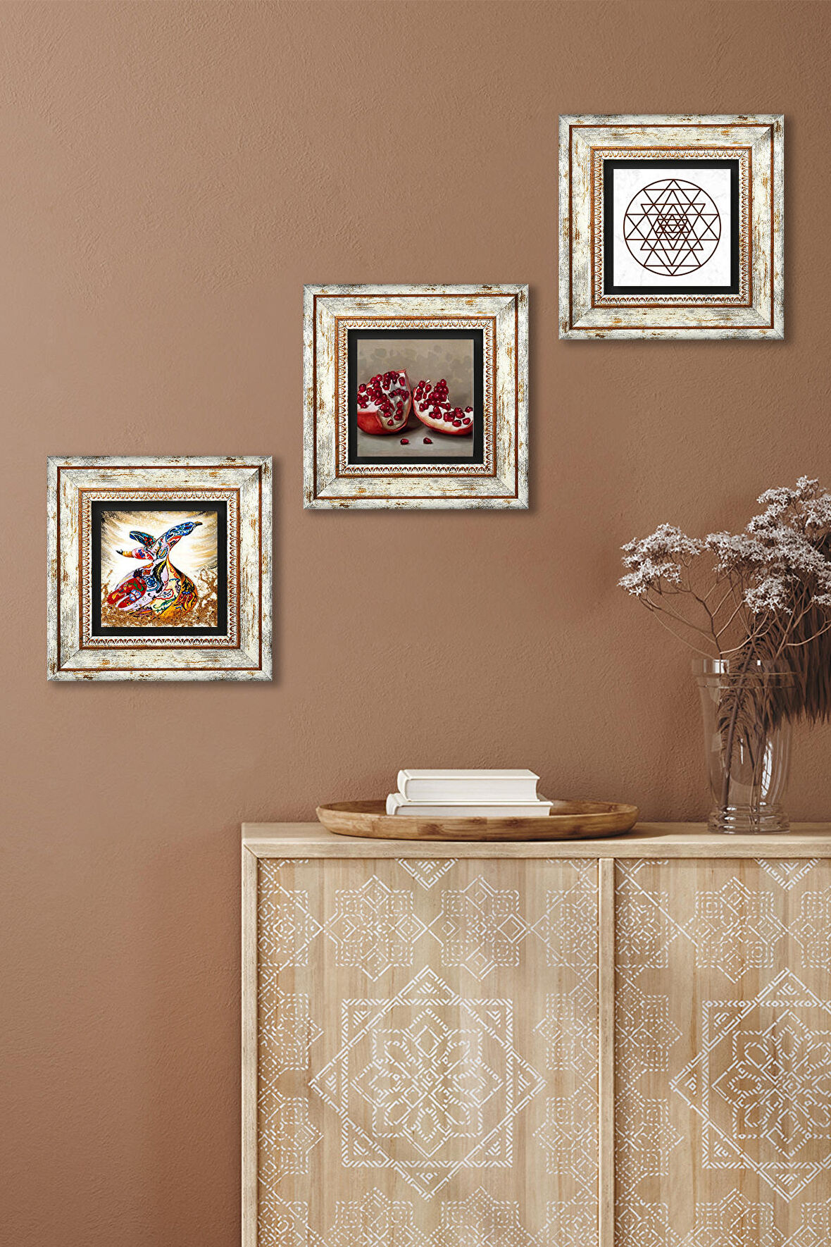 Sri Yantra, Semazen, Nar Taş Duvar Tablosu Çerçeveli Duvar Dekoru 3 Parça Tablo Seti Wall Art