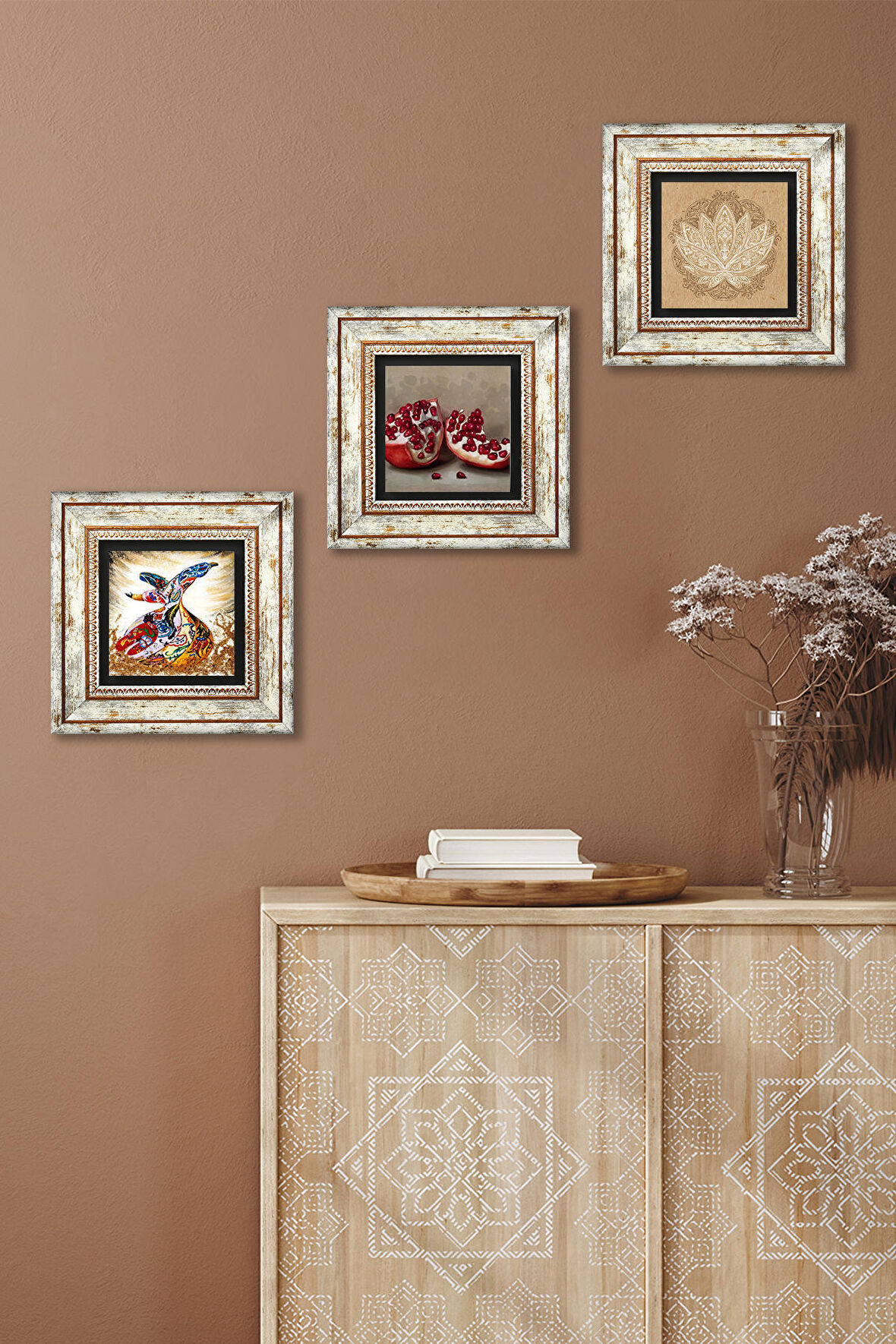 Lotus Çiçeği, Semazen, Nar Taş Duvar Tablosu Çerçeveli Duvar Dekoru 3 Parça Tablo Seti Wall Art
