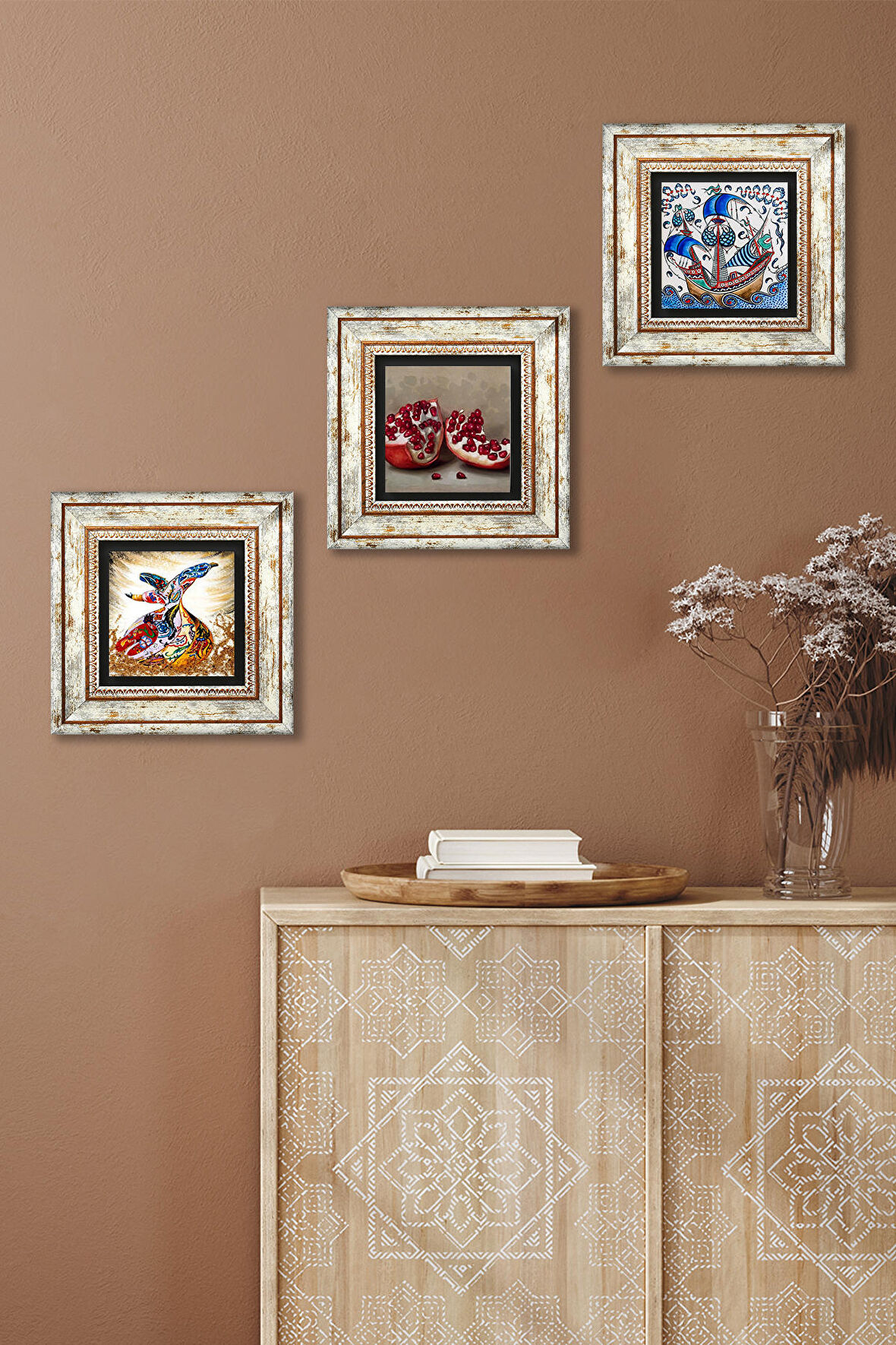 Çini Sanatı Yelkenli Gemi, Semazen, Nar Taş Duvar Tablosu Çerçeveli Duvar Dekoru 3 Parça Tablo Seti Wall Art