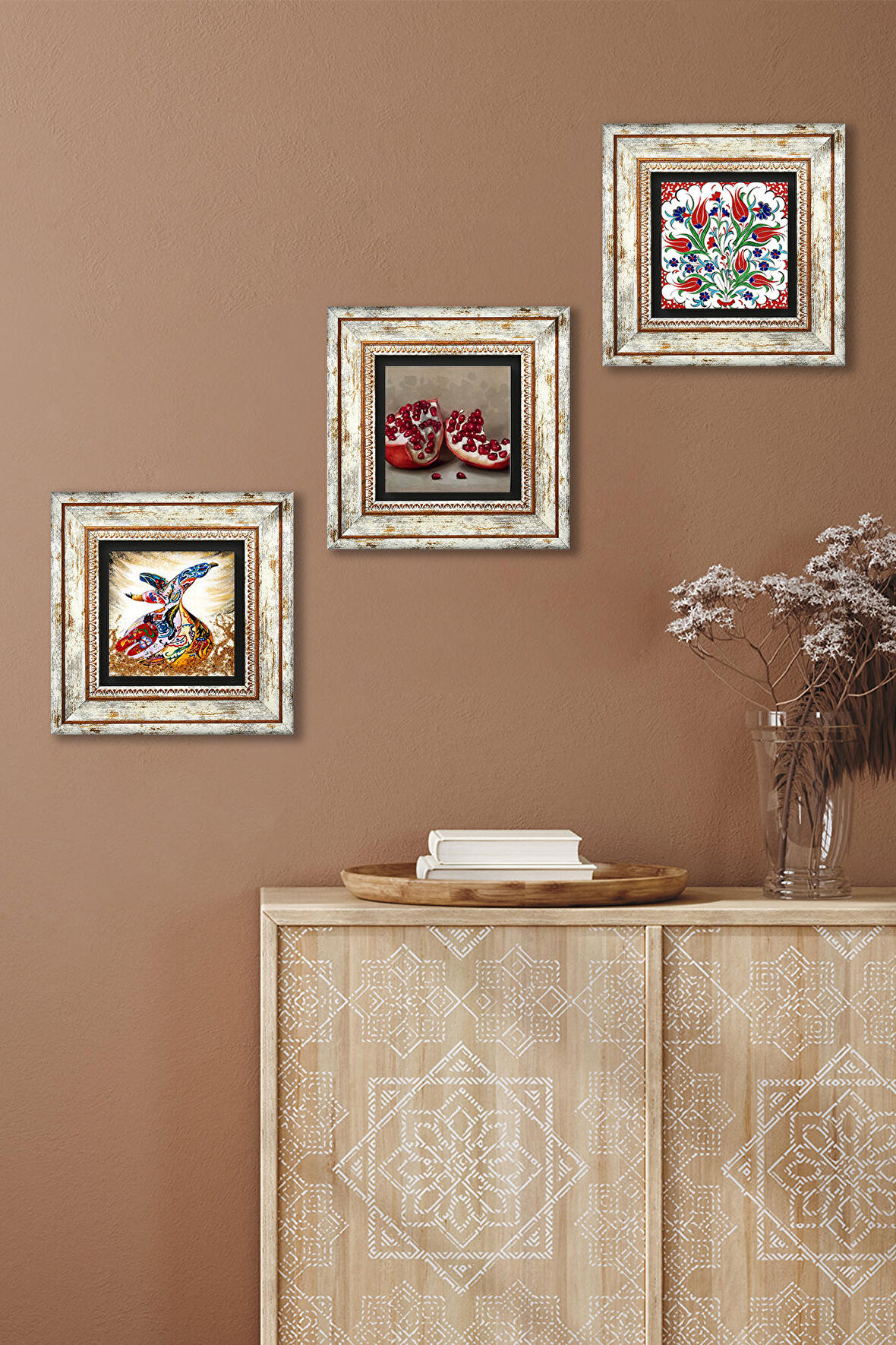 Çini Sanatı Lale, Semazen, Nar Taş Duvar Tablosu Çerçeveli Duvar Dekoru 3 Parça Tablo Seti Wall Art