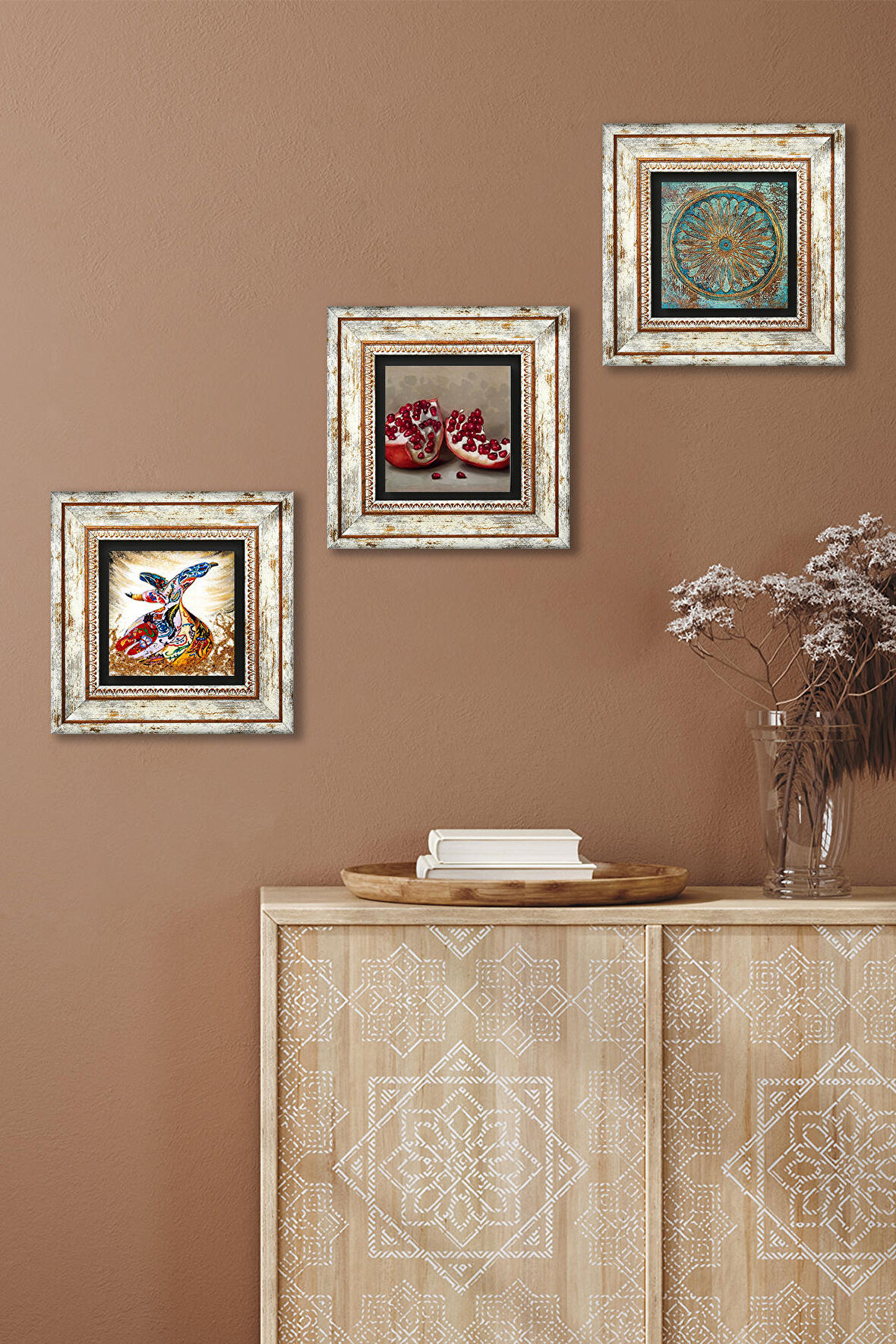 Yaşam Çiçeği, Semazen, Nar Taş Duvar Tablosu Çerçeveli Duvar Dekoru 3 Parça Tablo Seti Wall Art