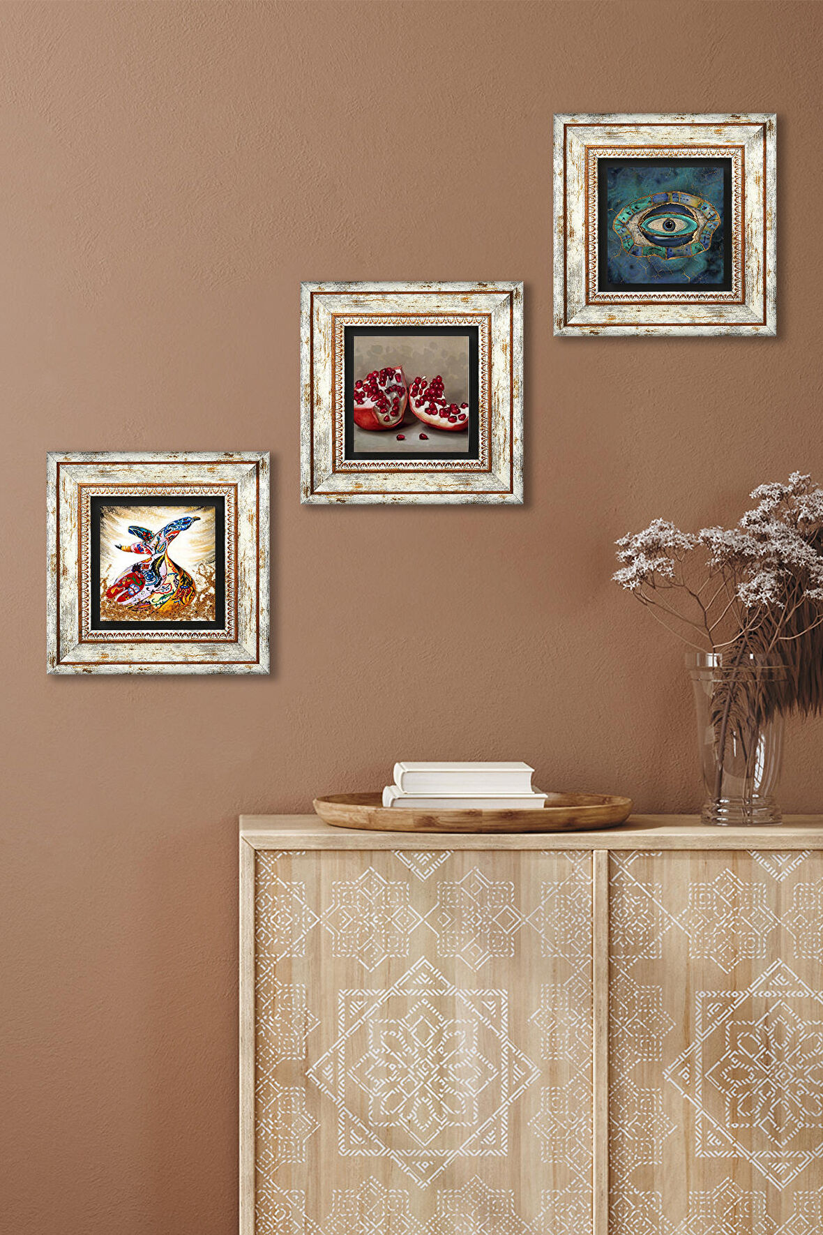 Nazar, Semazen, Nar Taş Duvar Tablosu Çerçeveli Duvar Dekoru 3 Parça Tablo Seti Wall Art