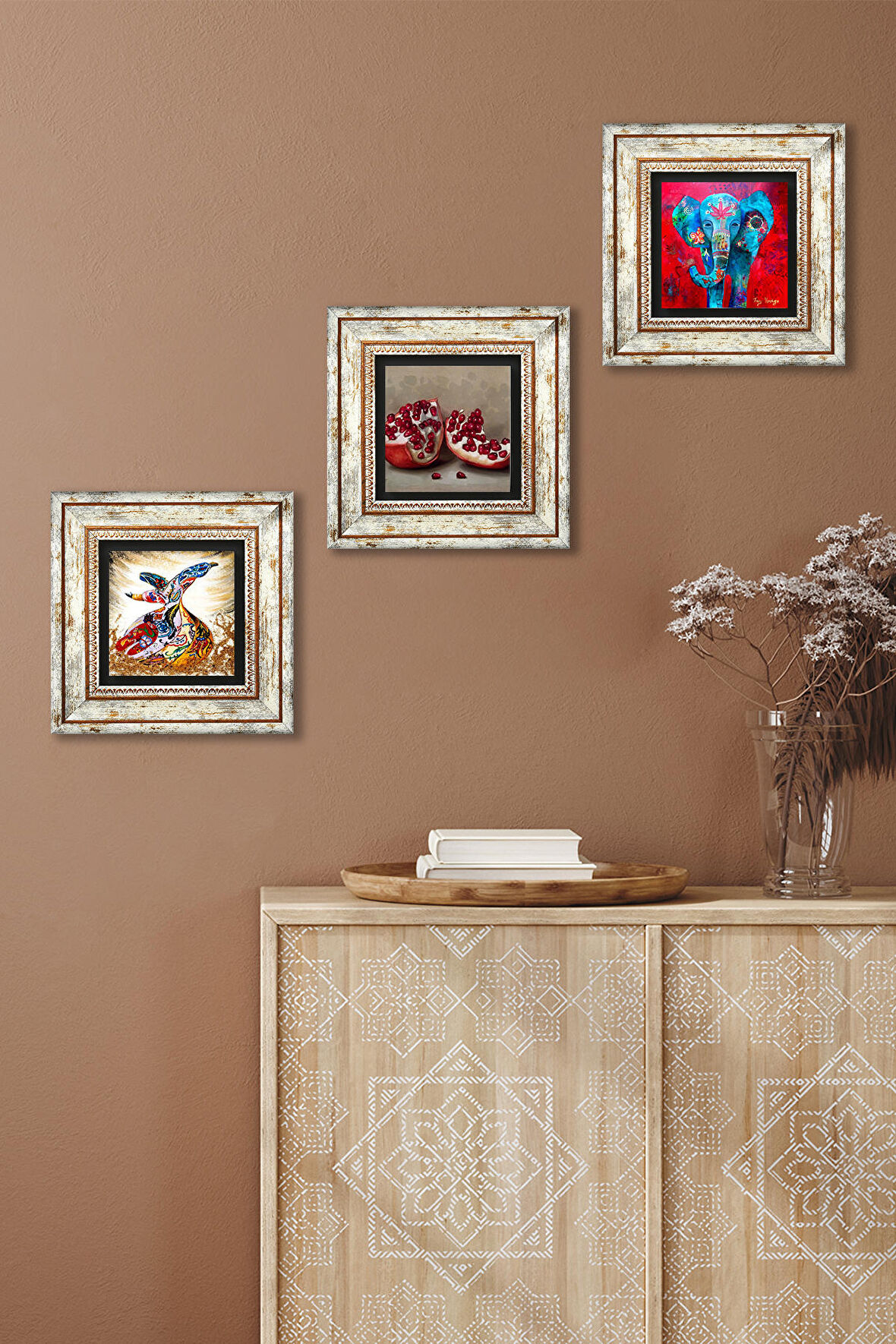 Fil, Semazen, Nar Taş Duvar Tablosu Çerçeveli Duvar Dekoru 3 Parça Tablo Seti Wall Art