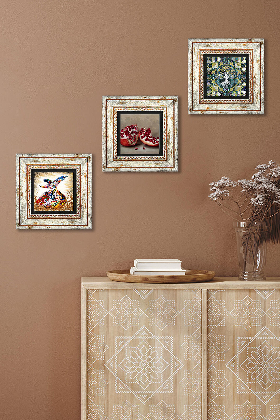 Hayat Ağacı, Semazen, Nar Taş Duvar Tablosu Çerçeveli Duvar Dekoru 3 Parça Tablo Seti Wall Art