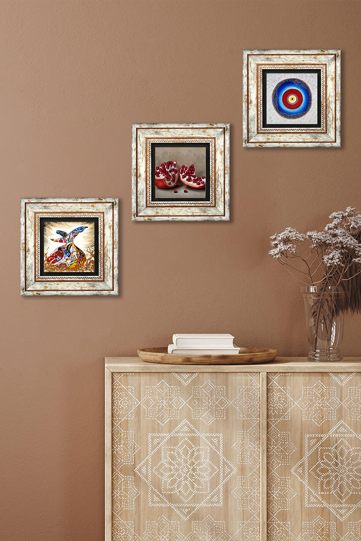 Nazar, Semazen, Nar Taş Duvar Tablosu Çerçeveli Duvar Dekoru 3 Parça Tablo Seti Wall Art