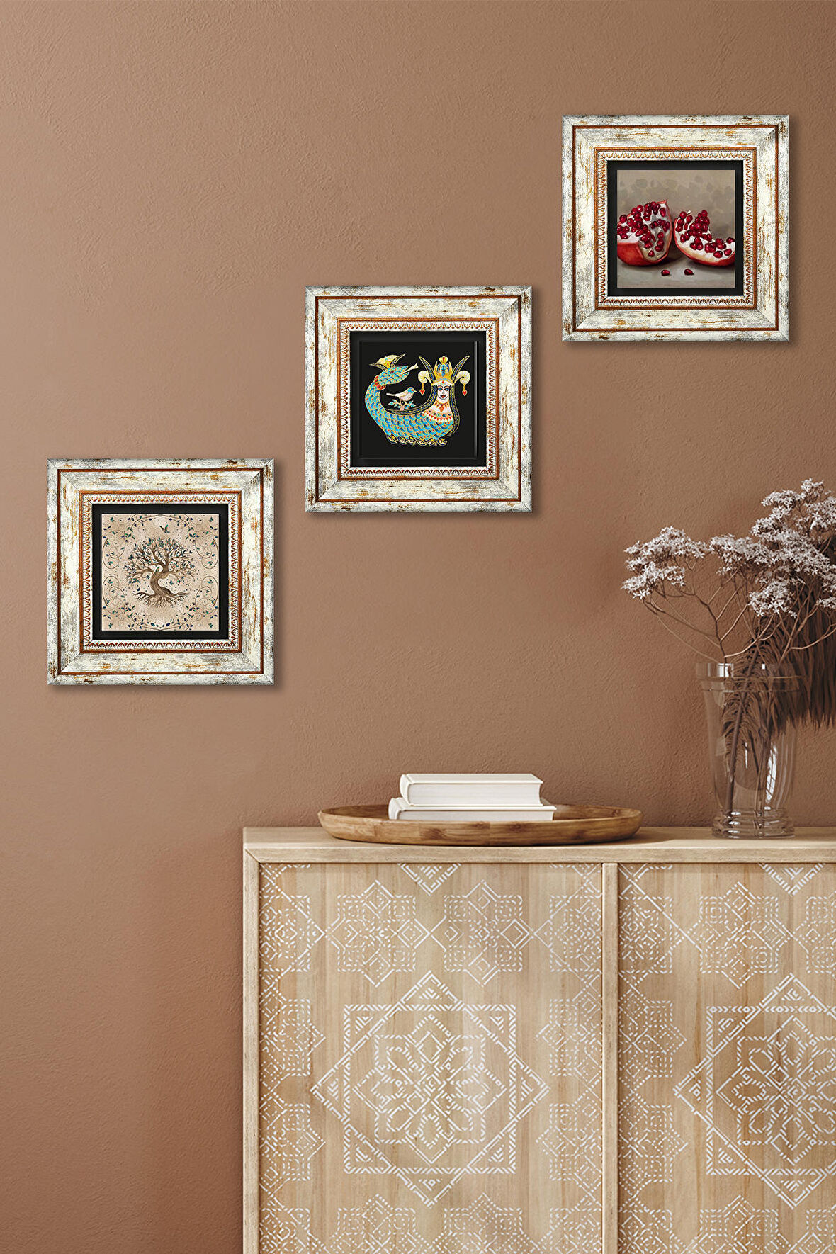 Şahmeran, Hayat Ağacı, Nar Taş Duvar Tablosu Çerçeveli Duvar Dekoru 3 Parça Tablo Seti Wall Art