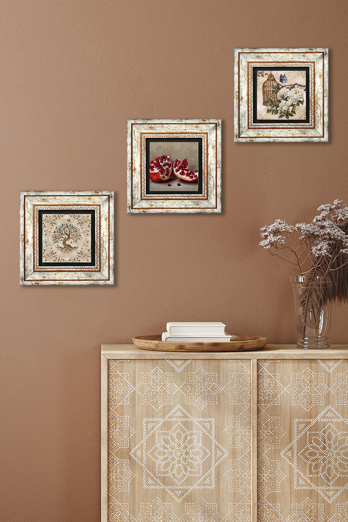 Kelebekli Çiçek, Hayat Ağacı, Nar Taş Duvar Tablosu Çerçeveli Duvar Dekoru 3 Parça Tablo Seti Wall Art