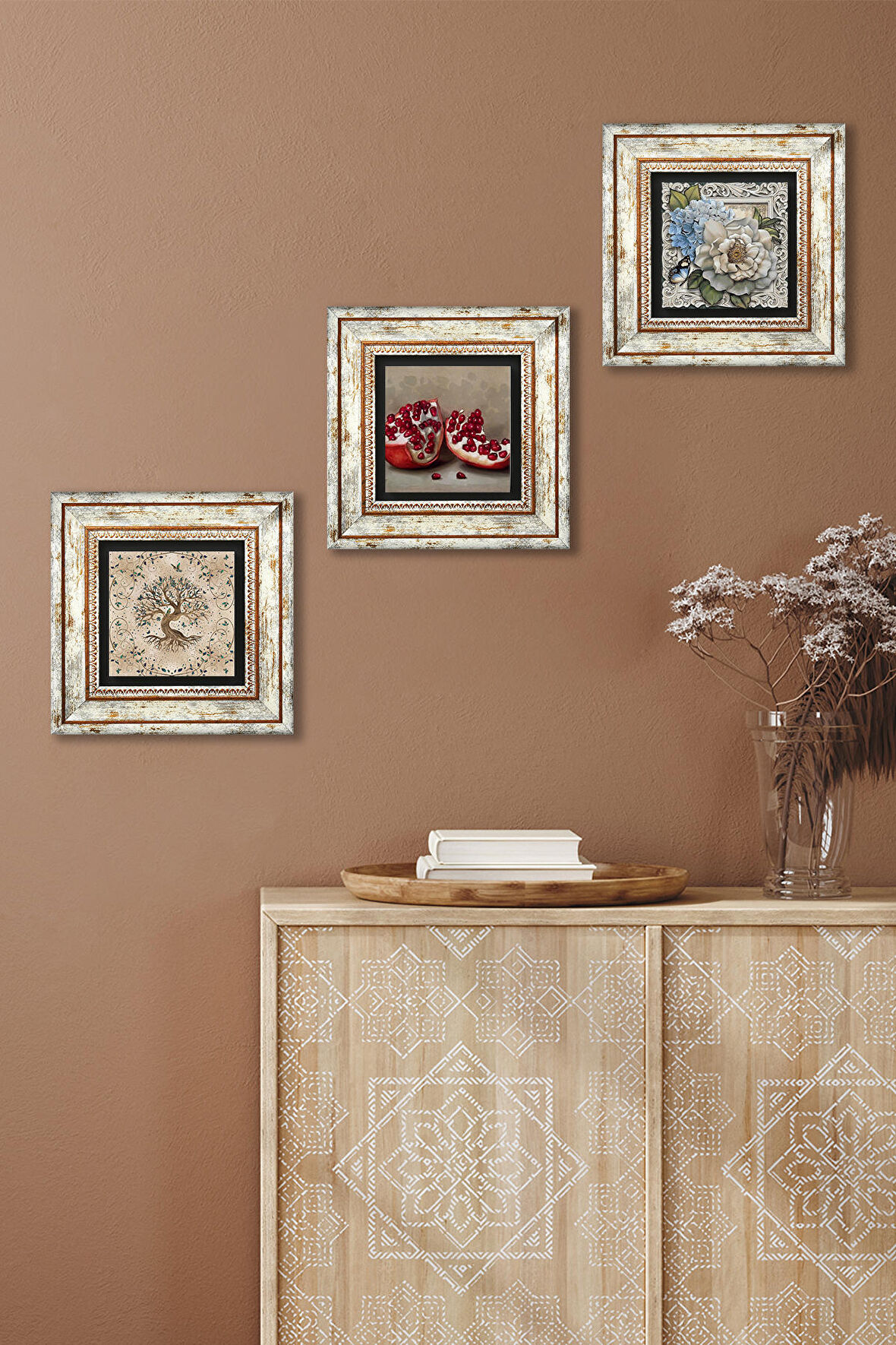 Kelebekli Çiçek, Hayat Ağacı, Nar Taş Duvar Tablosu Çerçeveli Duvar Dekoru 3 Parça Tablo Seti Wall Art