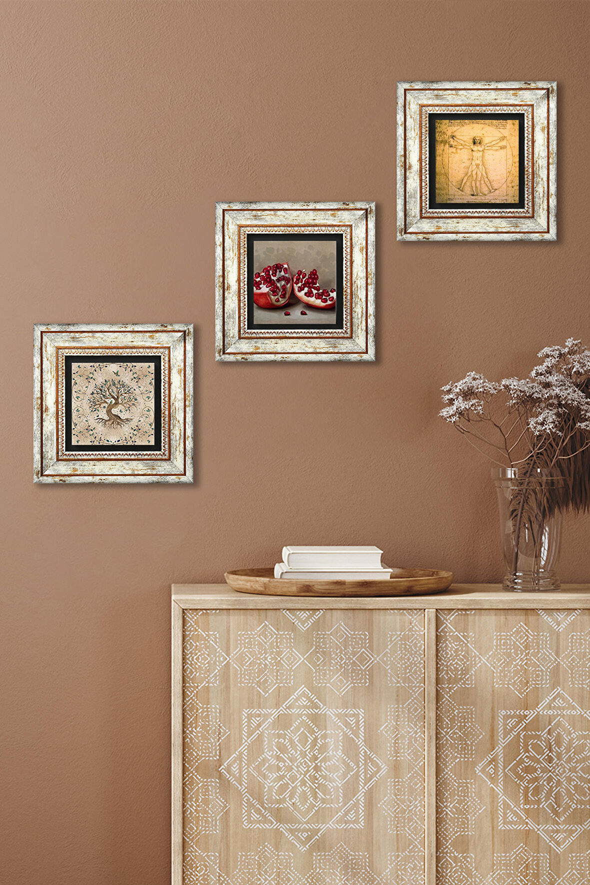 Leonardo da Vinci Vitruvius Adamı, Hayat Ağacı, Nar Taş Duvar Tablosu Çerçeveli Duvar Dekoru 3 Parça Tablo Seti Wall Art